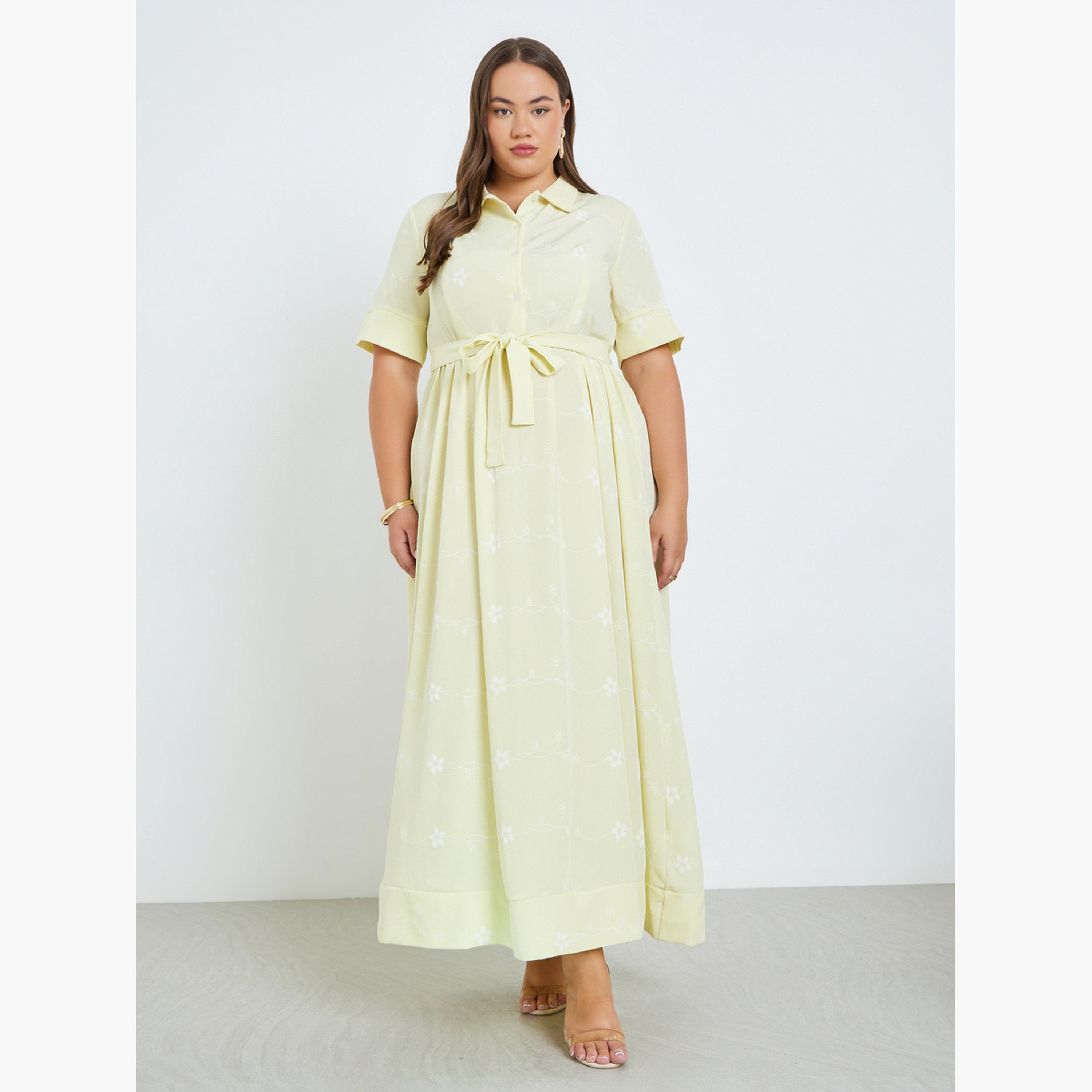 ستايلي - فستان ماكسي مطبوع عليه زهور مقاس واسع لون أصفر-women-clothing-dresses-image-1