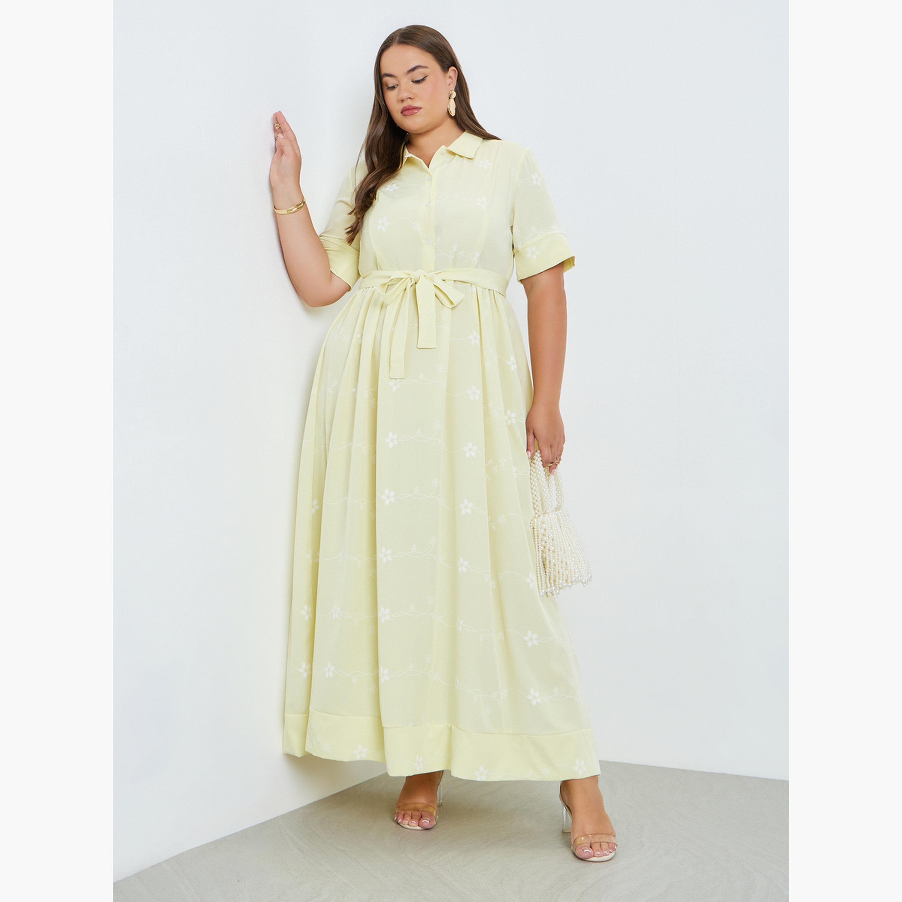 ستايلي - فستان ماكسي مطبوع عليه زهور مقاس واسع لون أصفر-women-clothing-dresses-image-2