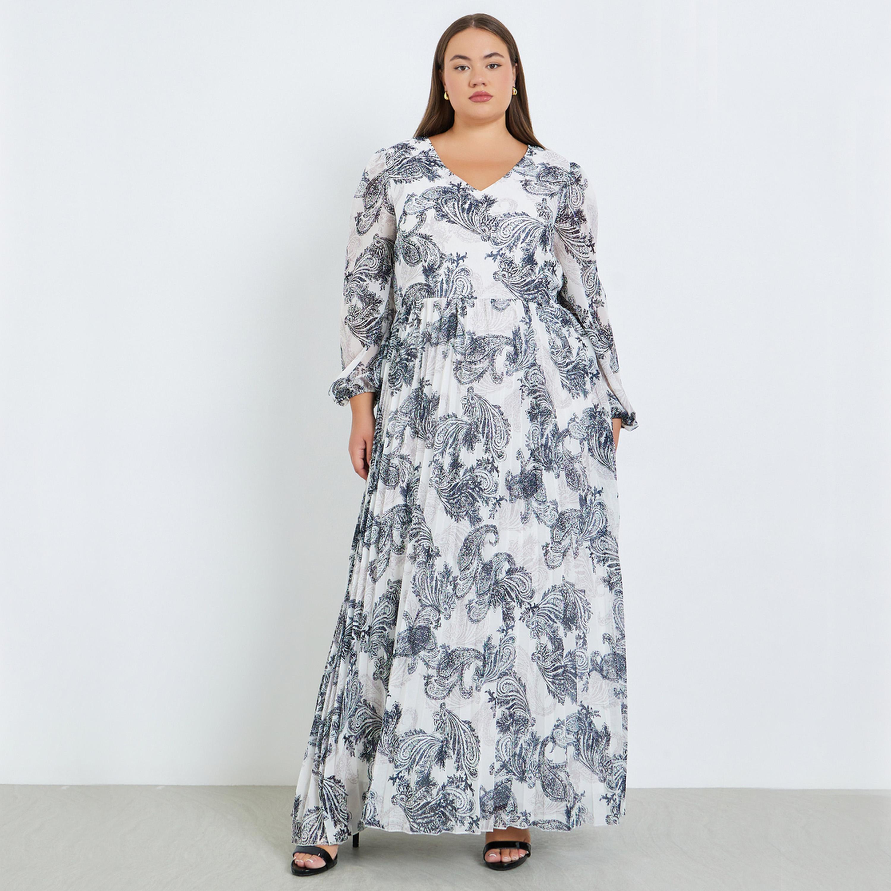 فستان طويل مقاس كبير بكسرات وطبعة بيزلي-women-clothing-dresses-image-1