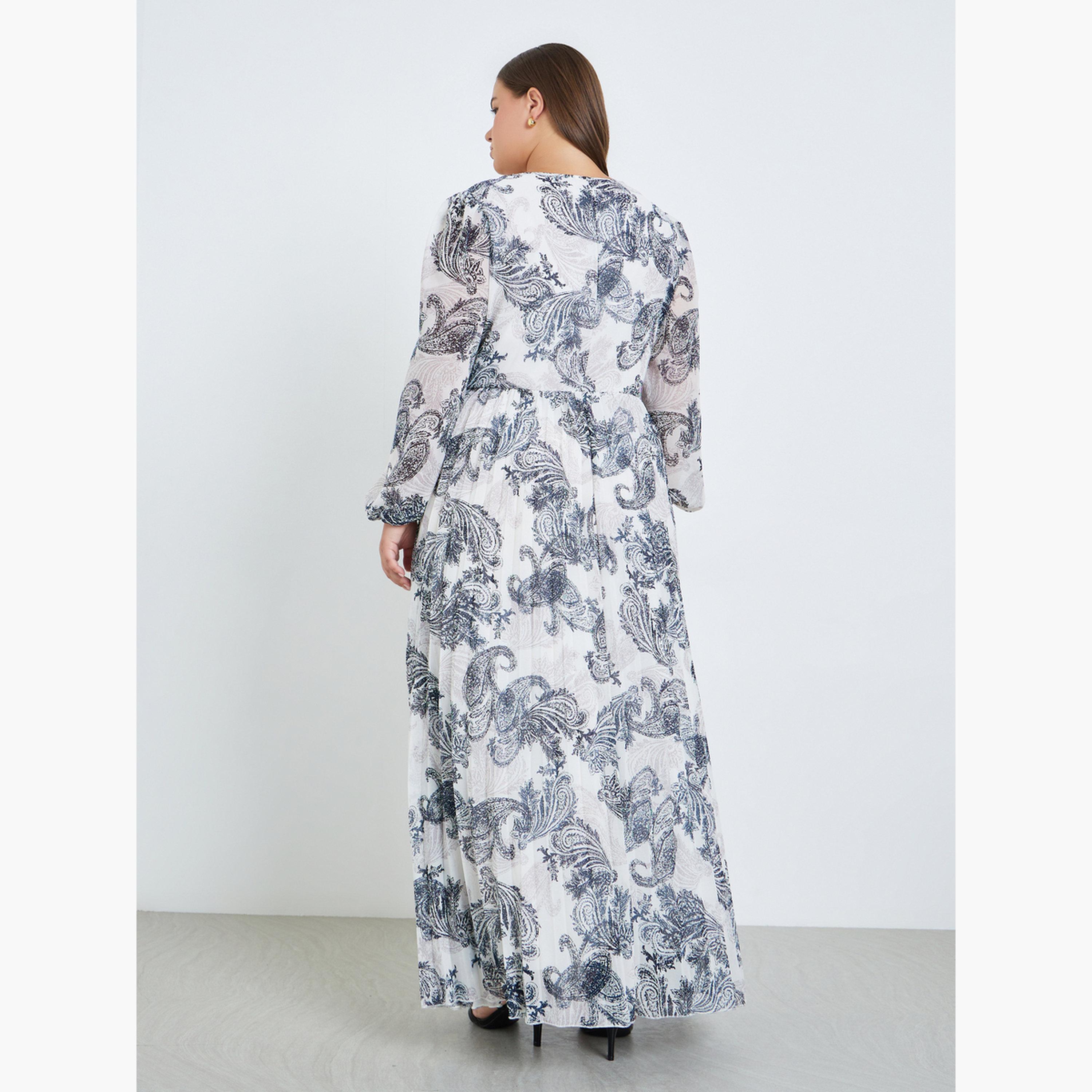 فستان طويل مقاس كبير بكسرات وطبعة بيزلي-women-clothing-dresses-image-3