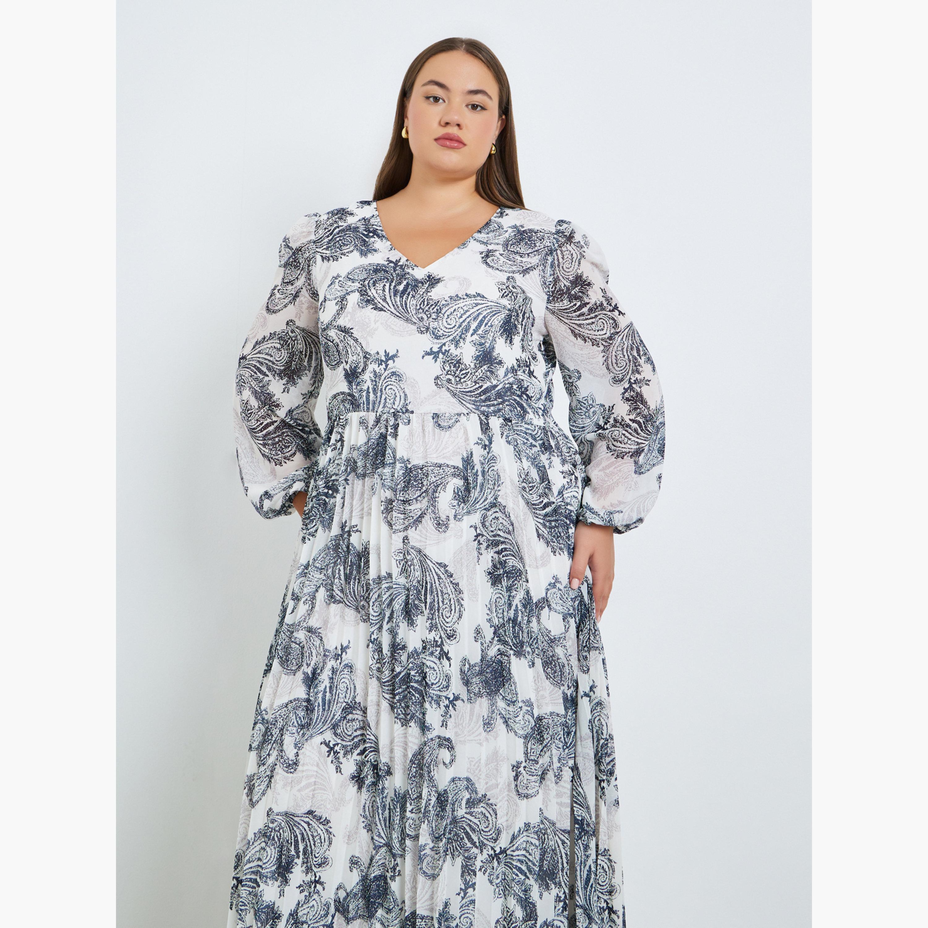 فستان طويل مقاس كبير بكسرات وطبعة بيزلي-women-clothing-dresses-image-4