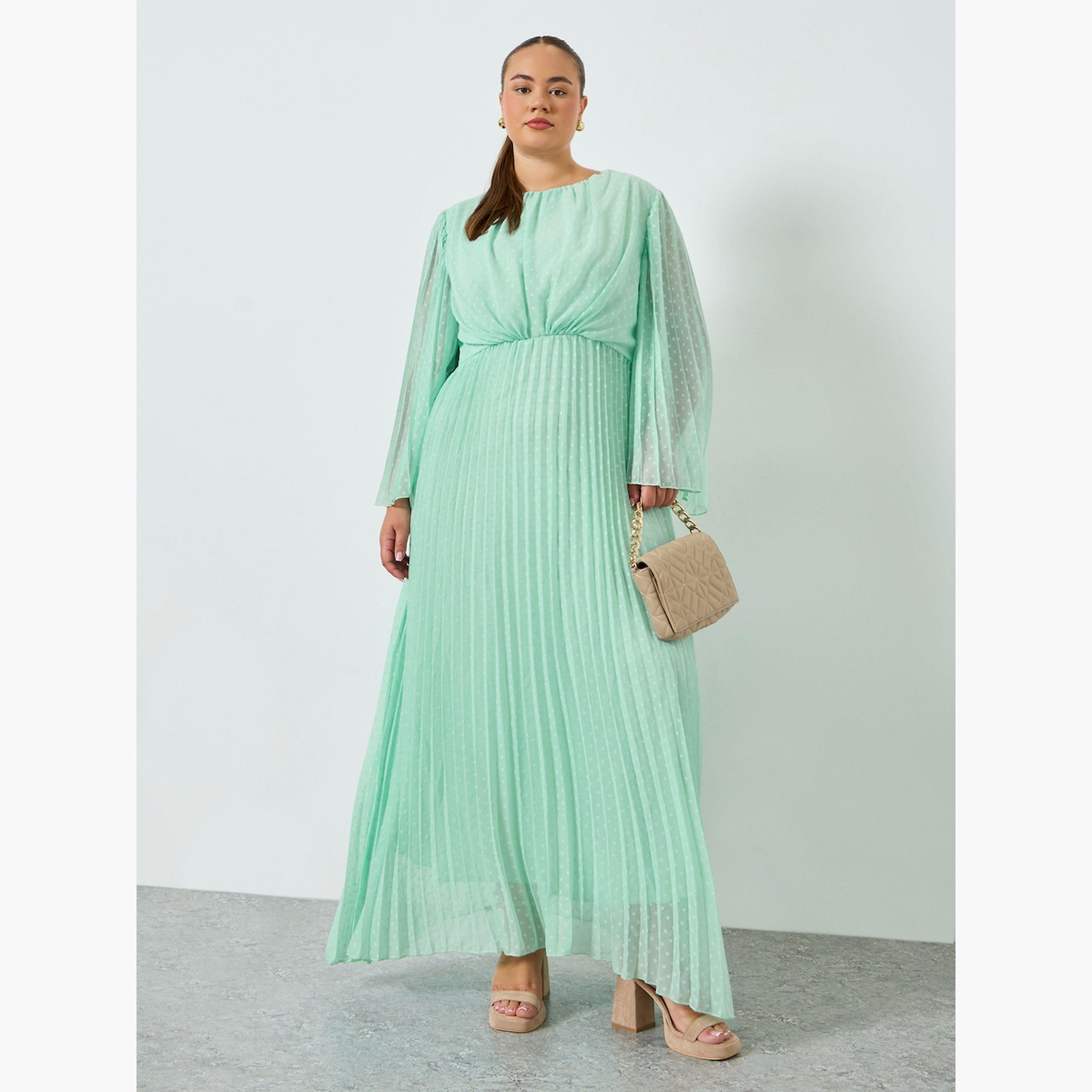 Styli Plus Size Green Pleated A-Line Maxi Dress-women-clothing-dresses-image-1
