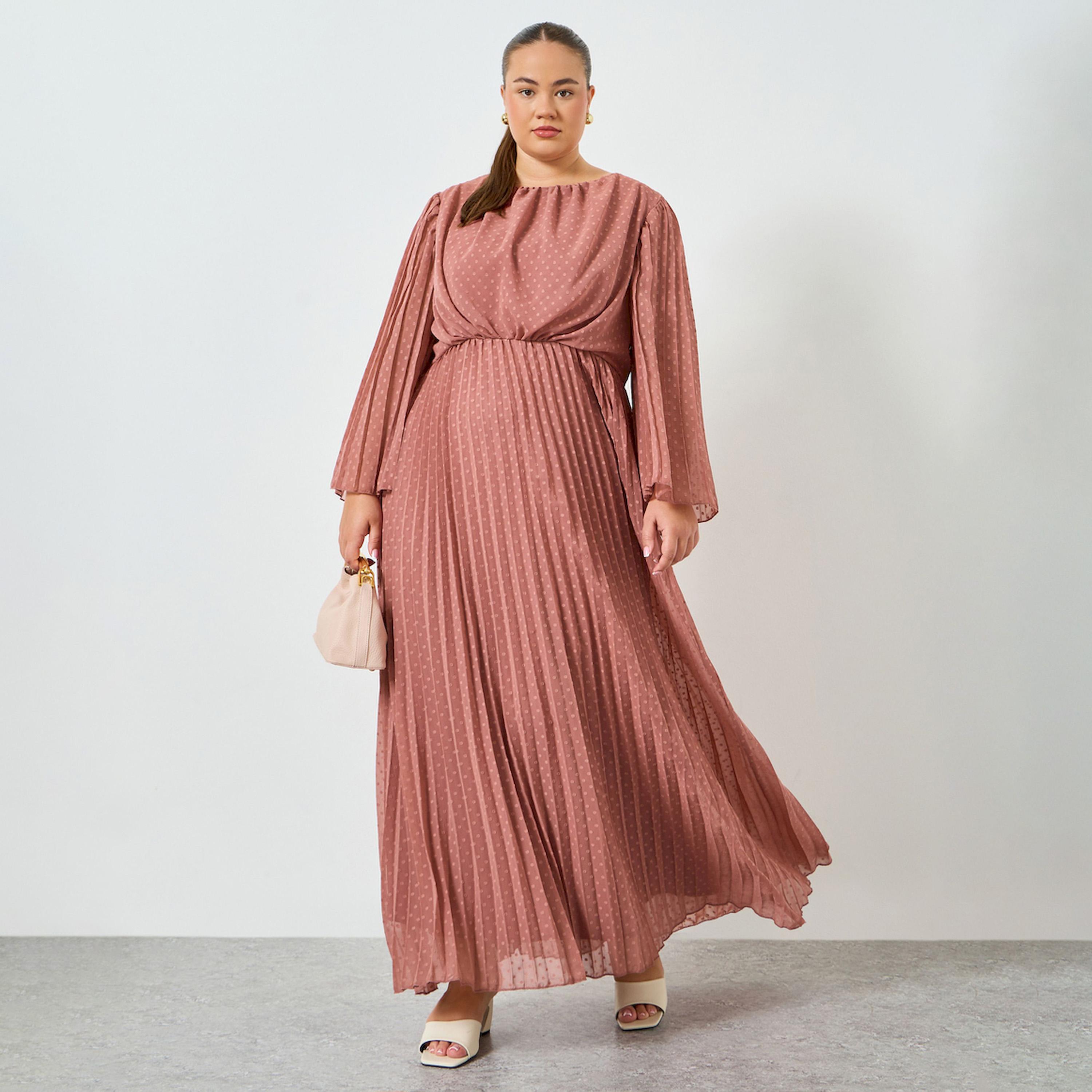 Styli Plus Size Pink Pleated A-Line Maxi Dress-women-clothing-dresses-image-1