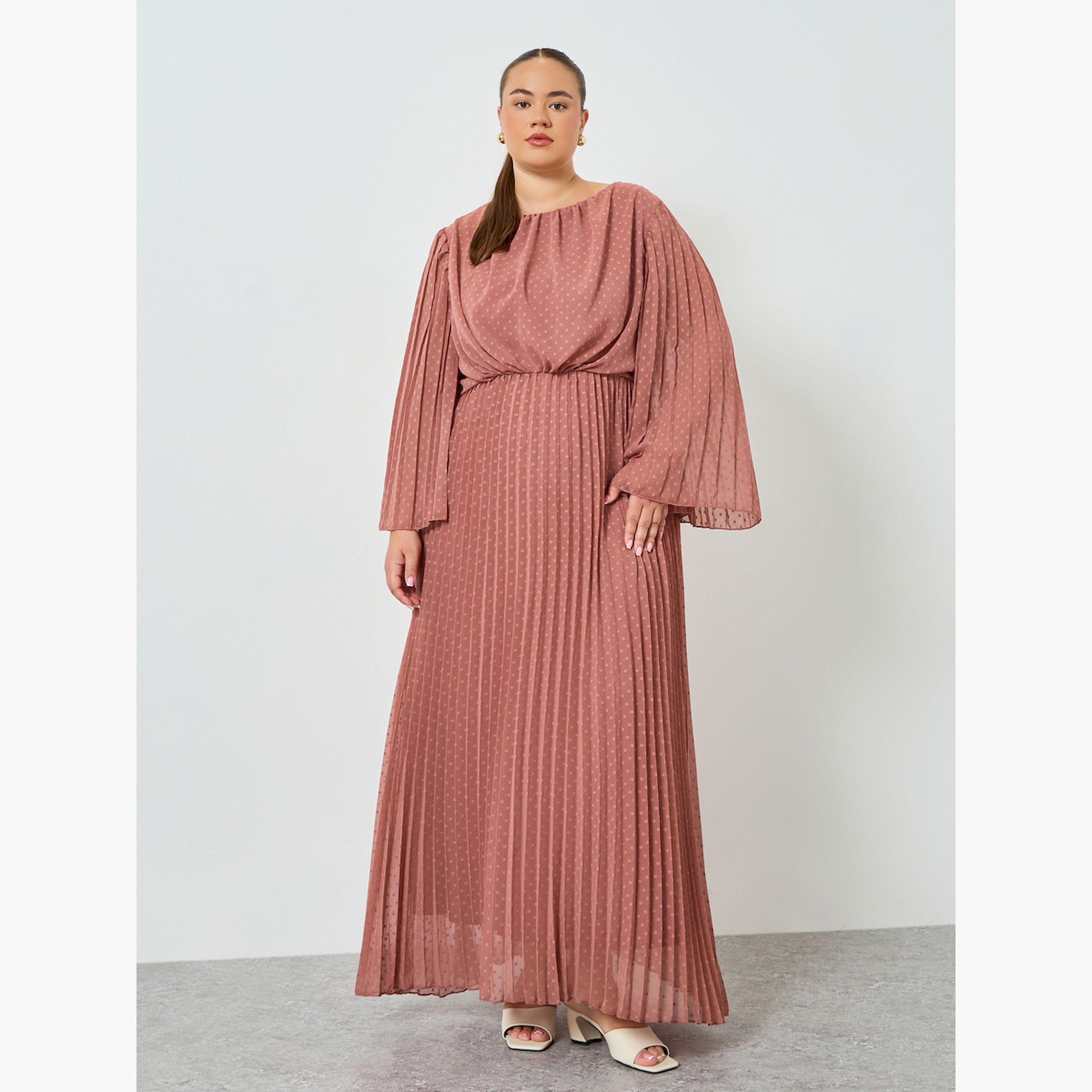 Styli Plus Size Pink Pleated A-Line Maxi Dress-women-clothing-dresses-image-3