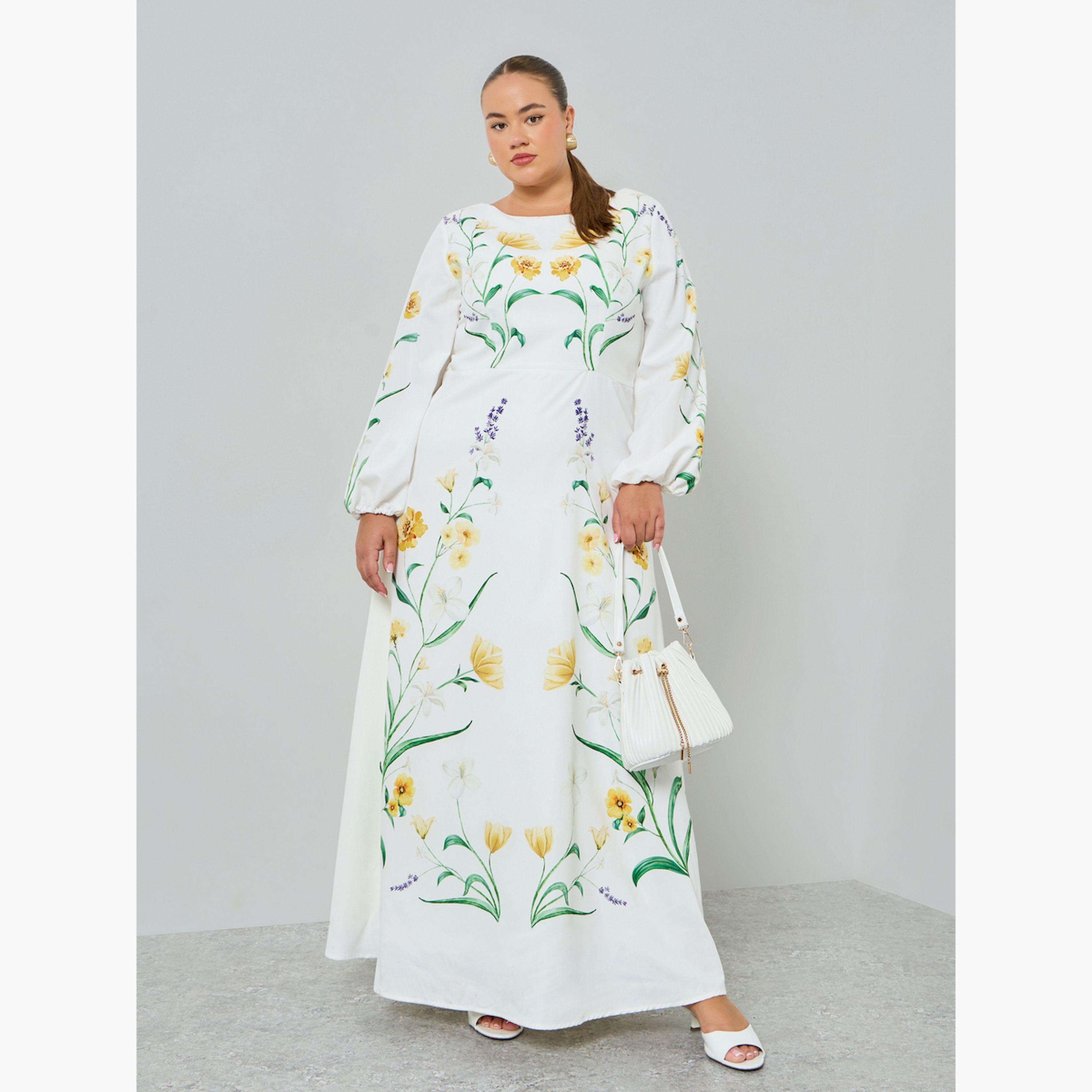 Styli Plus Size Floral Print Balloon Sleeves A-Line Maxi Dress-women-clothing-dresses-image-1