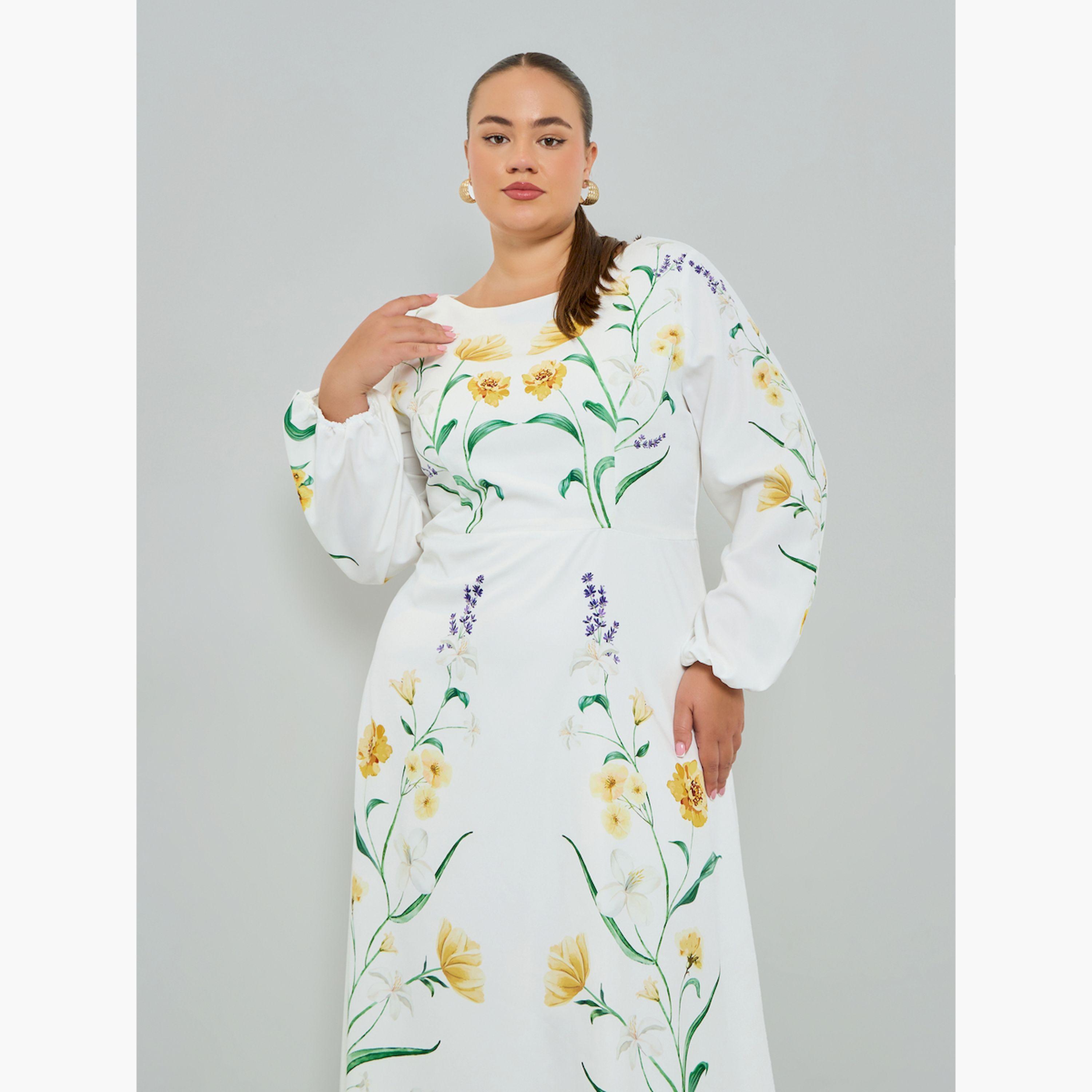 Styli Plus Size Floral Print Balloon Sleeves A-Line Maxi Dress-women-clothing-dresses-image-2
