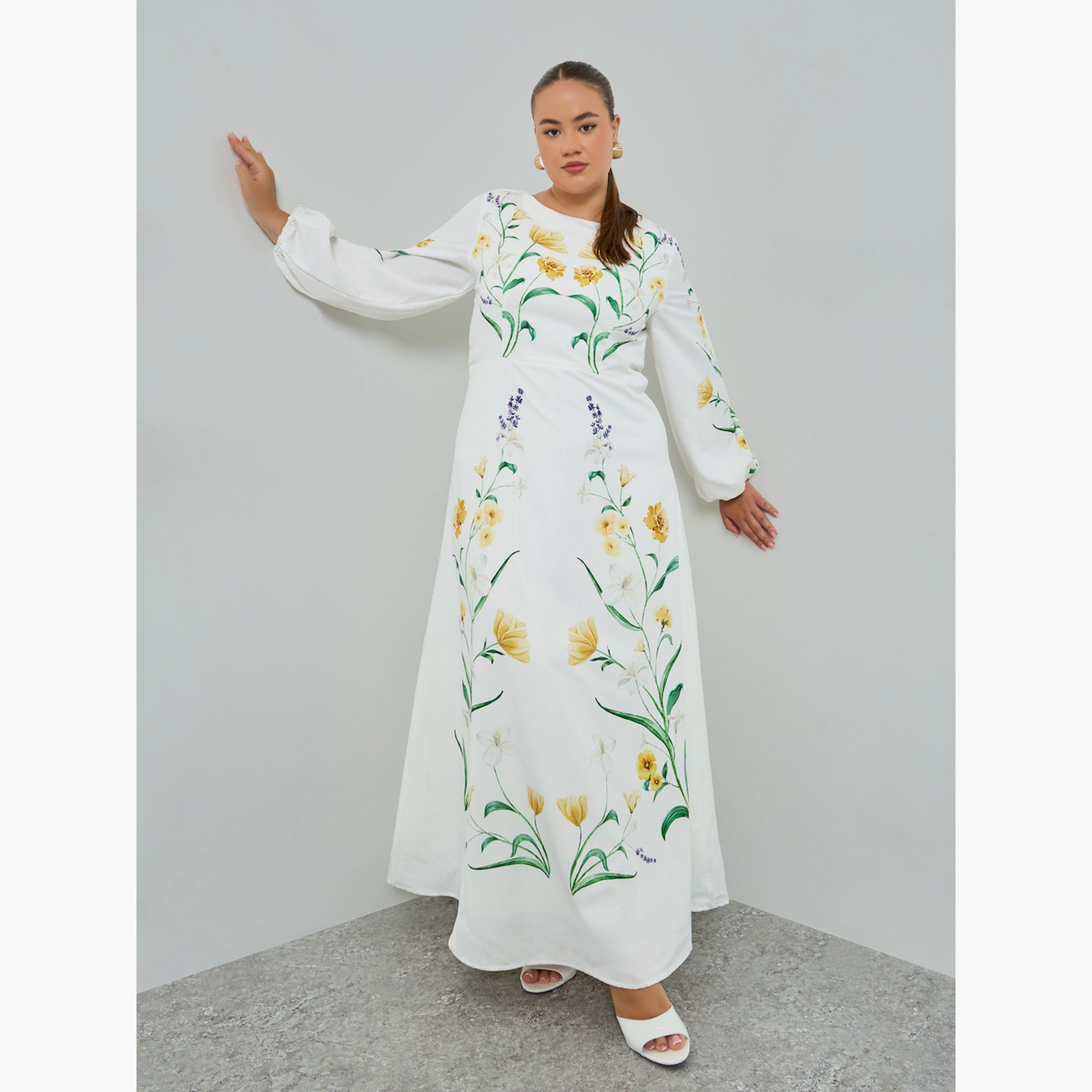 Styli Plus Size Floral Print Balloon Sleeves A-Line Maxi Dress-women-clothing-dresses-image-3