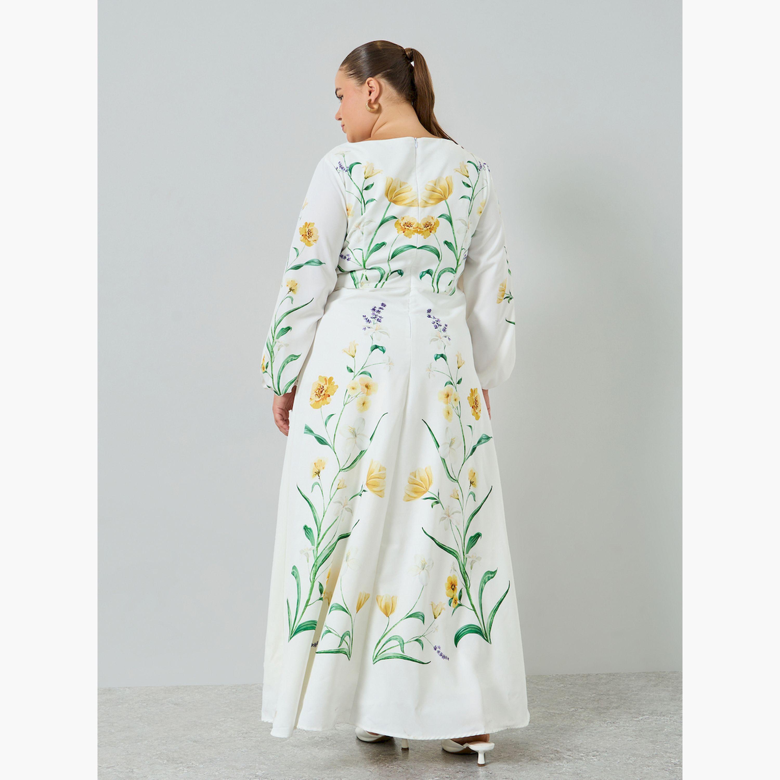 فستان طويل مقاس كبير بنقشة زهور وأكمام منفوخة وحافة واسعة-women-clothing-dresses-image-4