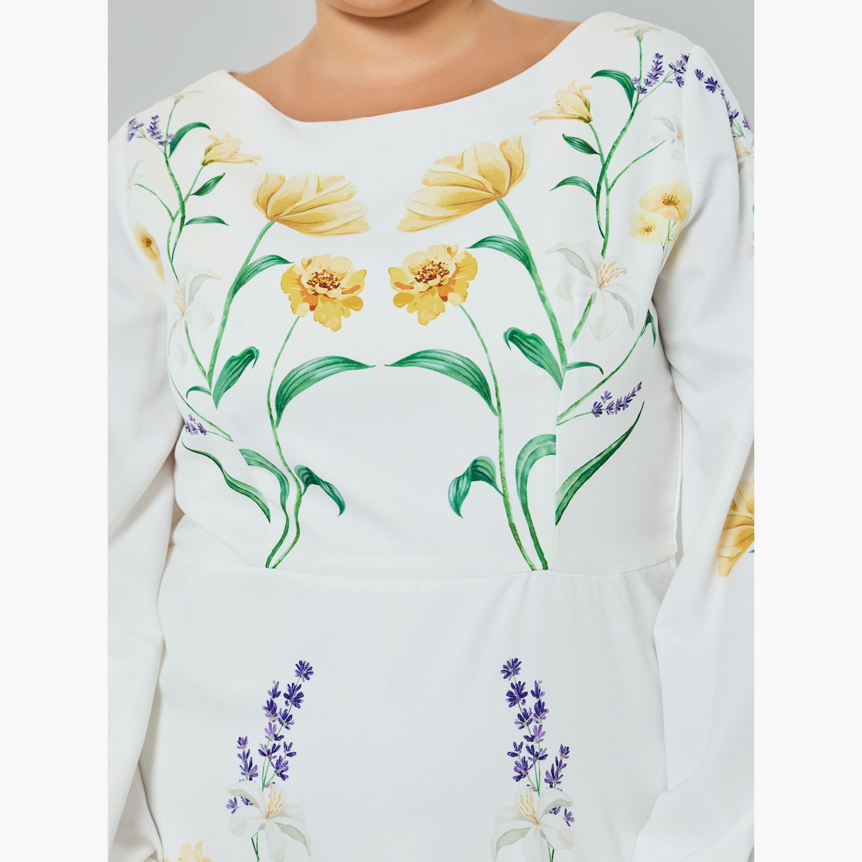 فستان طويل مقاس كبير بنقشة زهور وأكمام منفوخة وحافة واسعة-women-clothing-dresses-image-5