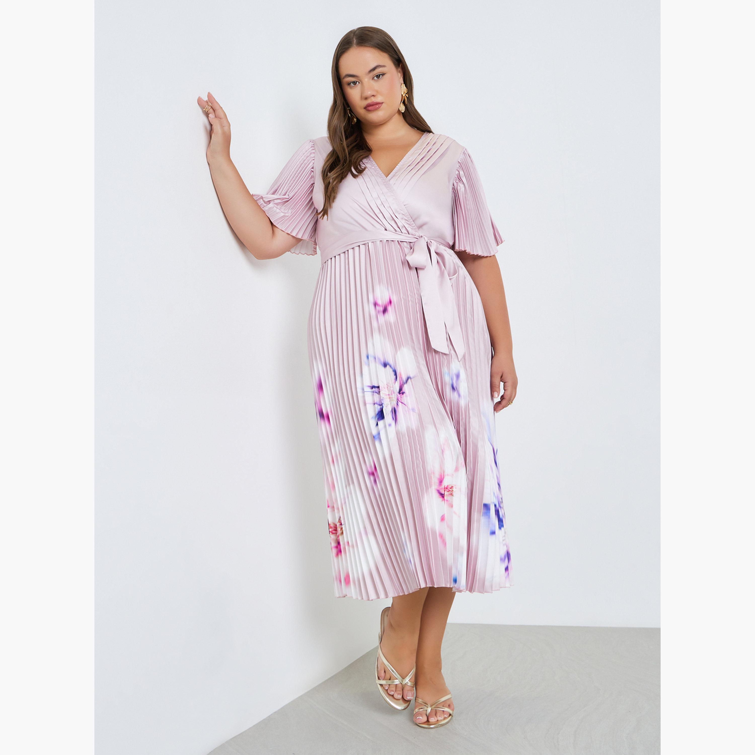 فستان ميدي مقاس كبير بنمط لف وبكسرات وطبعة زهور-women-clothing-dresses-image-2
