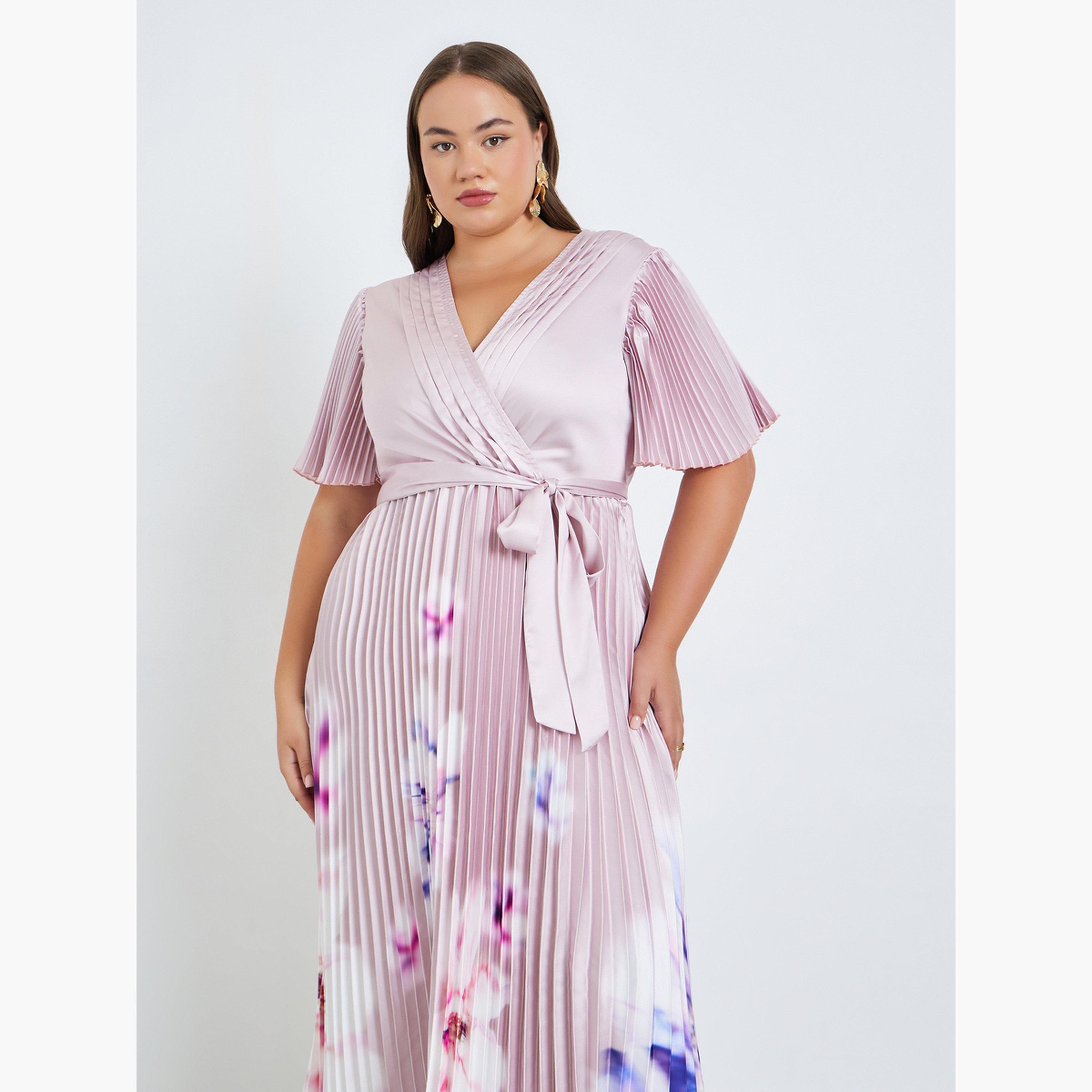 فستان ميدي مقاس كبير بنمط لف وبكسرات وطبعة زهور-women-clothing-dresses-image-4