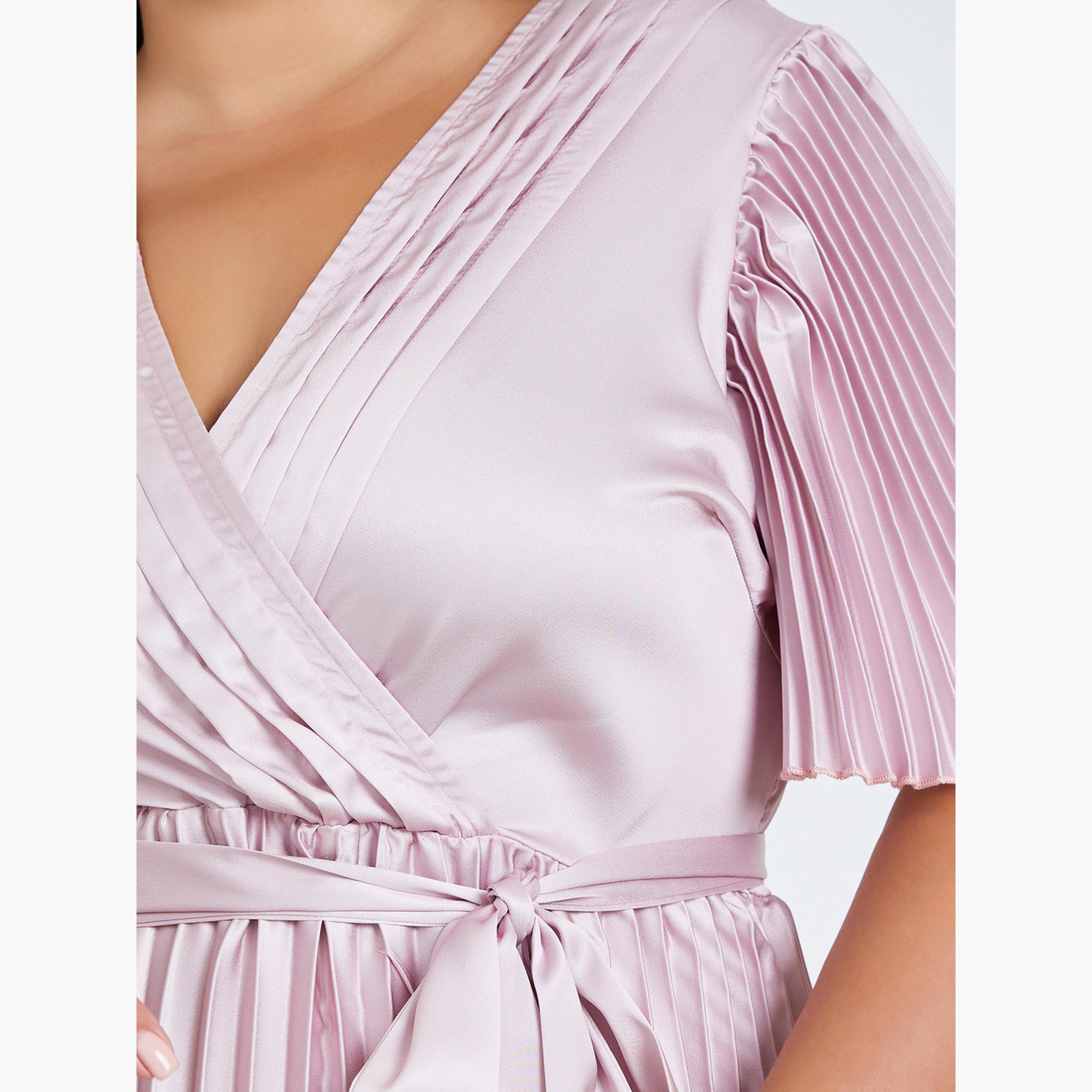 فستان ميدي مقاس كبير بنمط لف وبكسرات وطبعة زهور-women-clothing-dresses-image-5