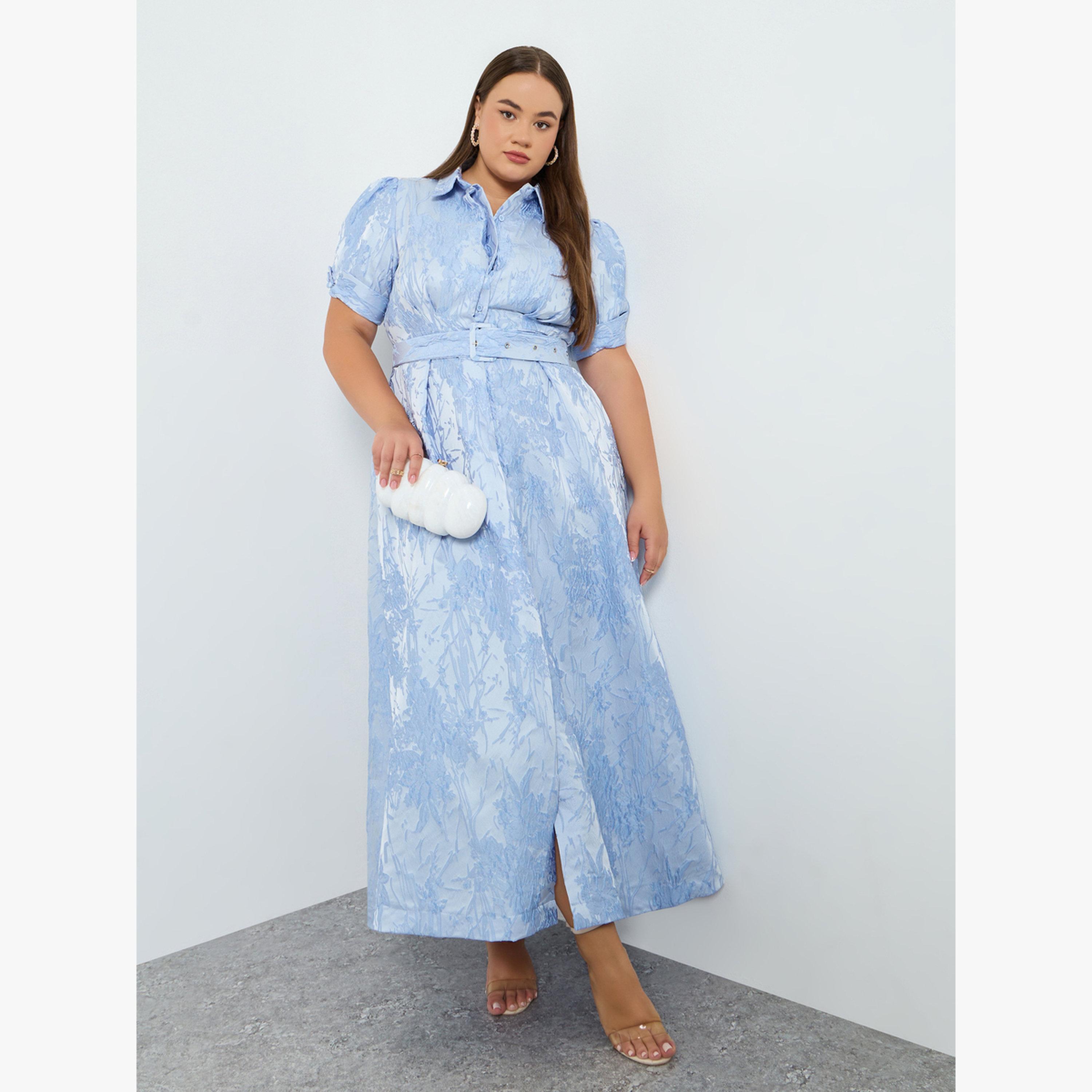 Styli Plus Size Blue Jacquard A-Line Maxi Dress-women-clothing-dresses-image-1