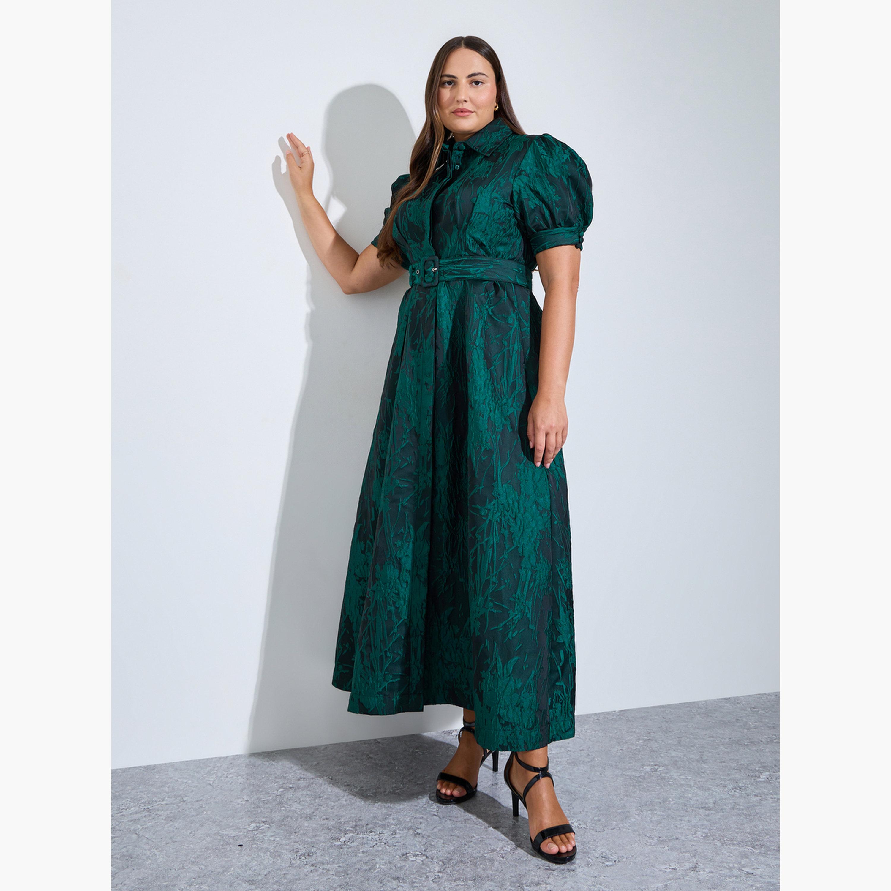 Styli Plus Size Dark Green Jacquard A-Line Maxi Dress-women-clothing-dresses-image-1