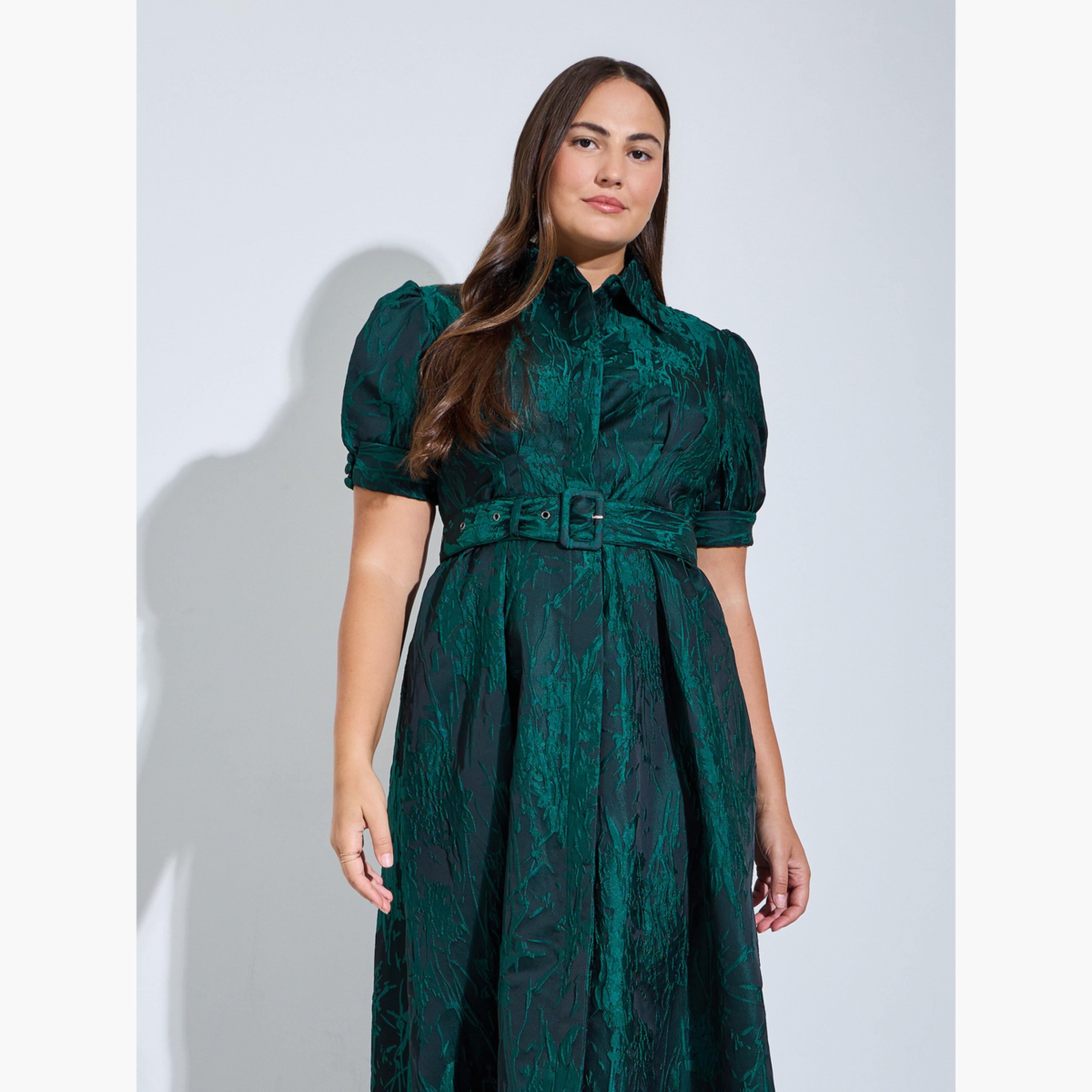 Styli Plus Size Dark Green Jacquard A-Line Maxi Dress-women-clothing-dresses-image-2
