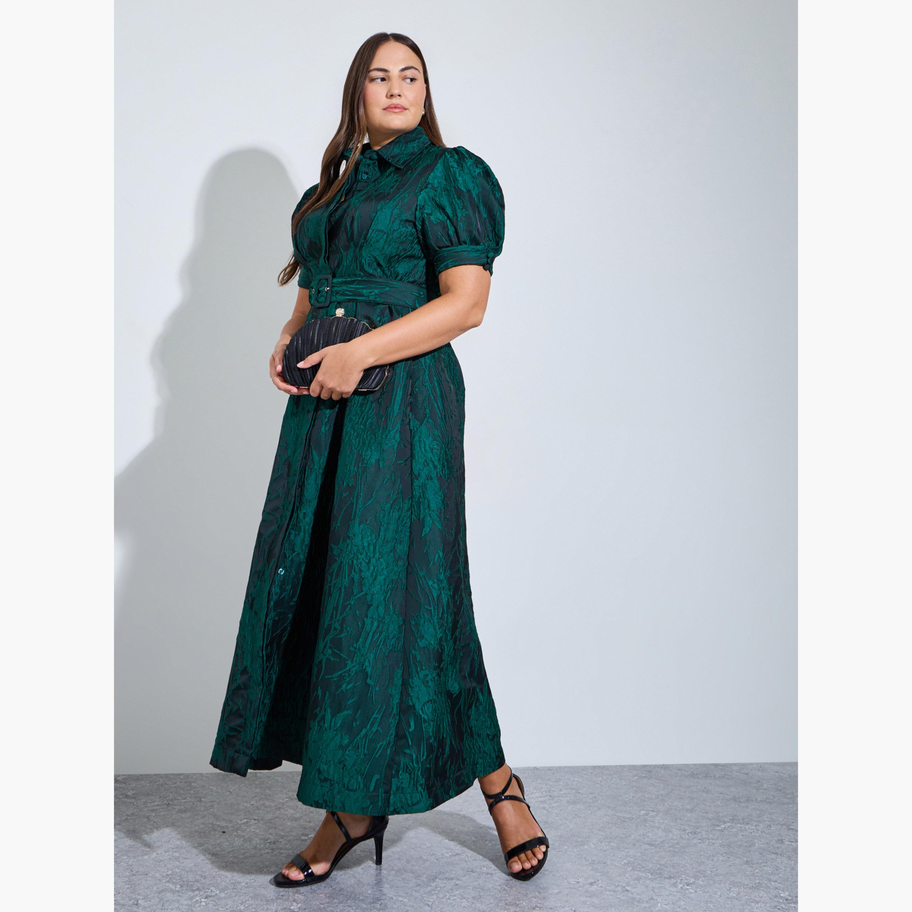 Styli Plus Size Dark Green Jacquard A-Line Maxi Dress-women-clothing-dresses-image-3