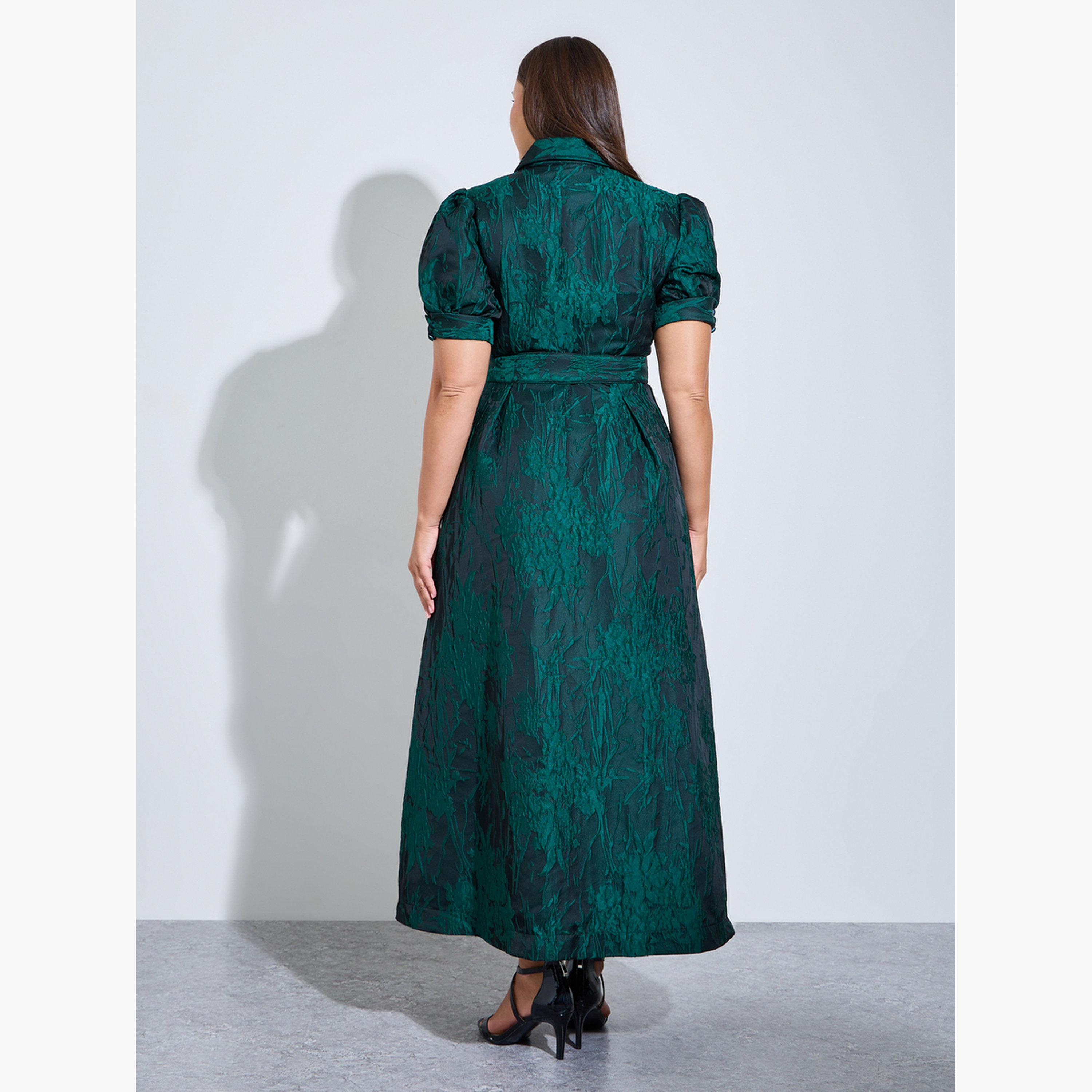 Styli Plus Size Dark Green Jacquard A-Line Maxi Dress-women-clothing-dresses-image-4