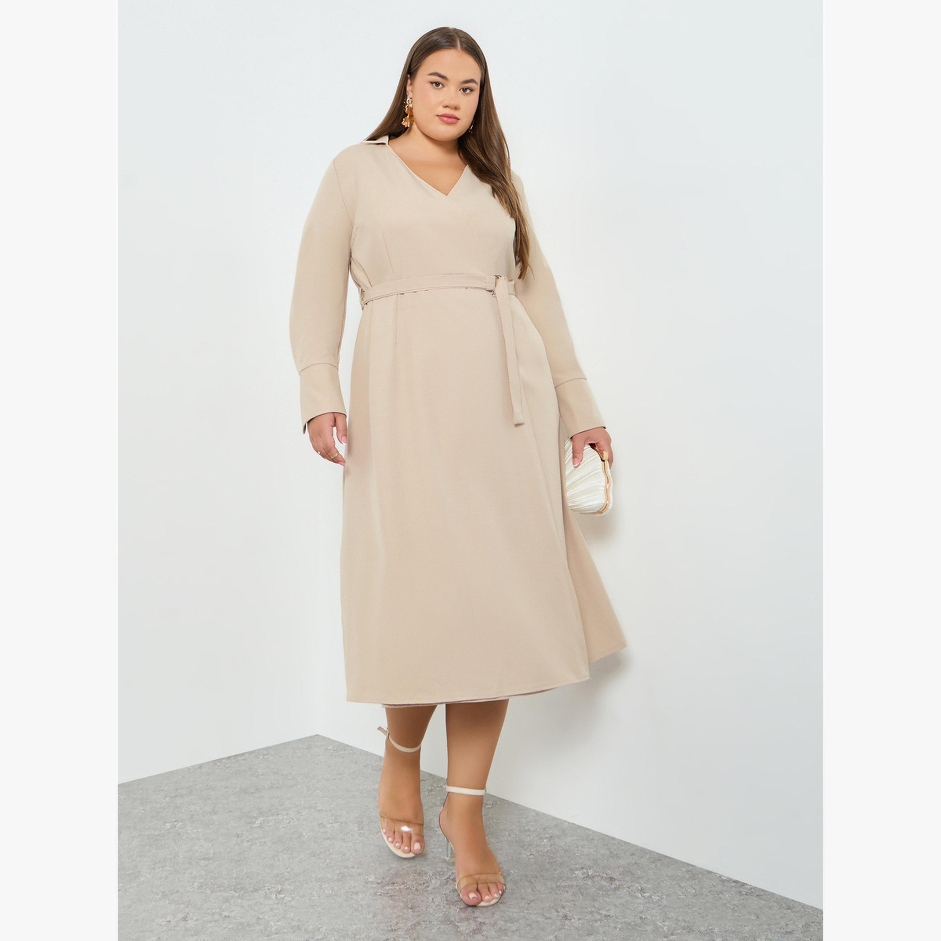 فستان ميدي مقاس كبير بنمط لف وأكمام طويلة-women-clothing-dresses-image-1
