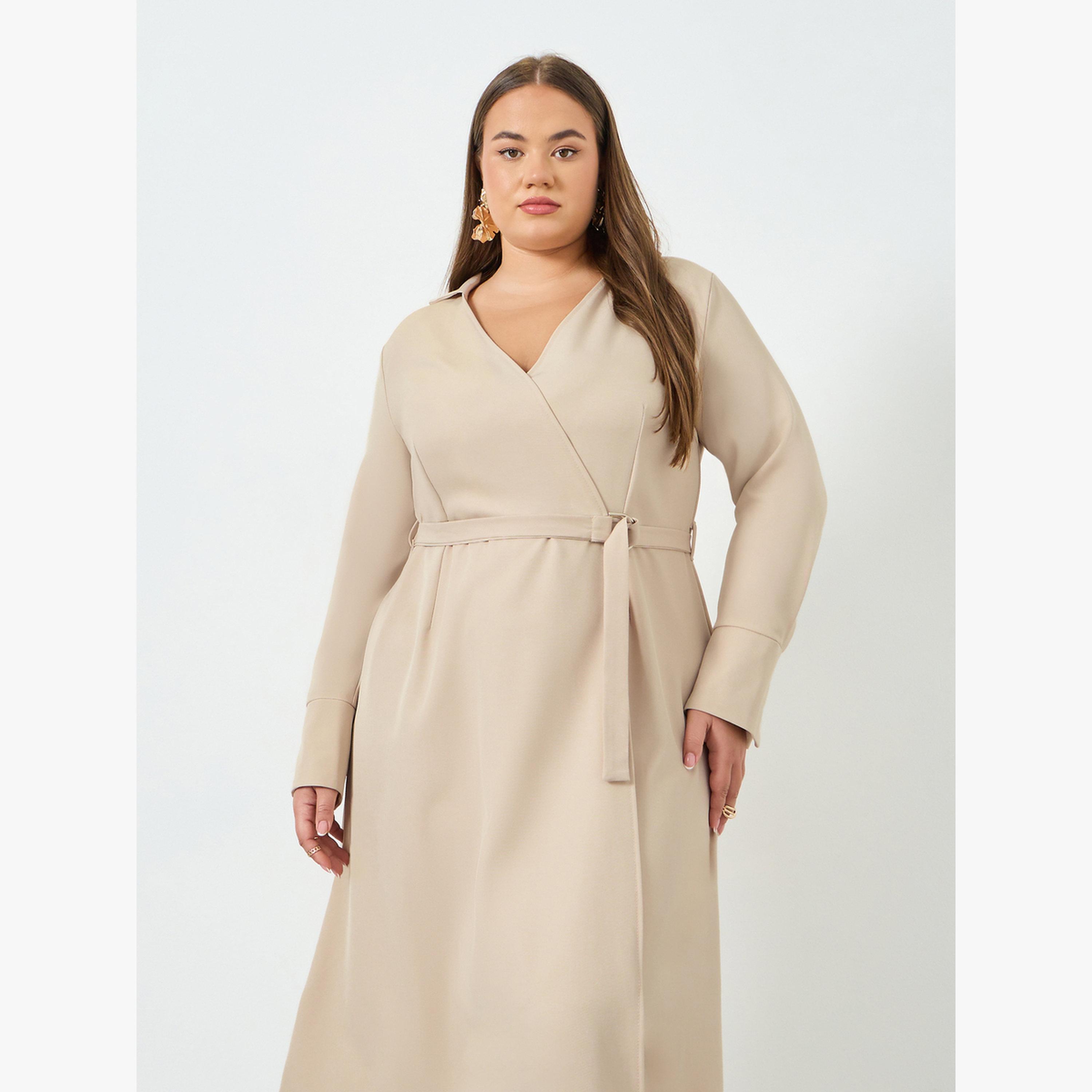 فستان ميدي مقاس كبير بنمط لف وأكمام طويلة-women-clothing-dresses-image-2