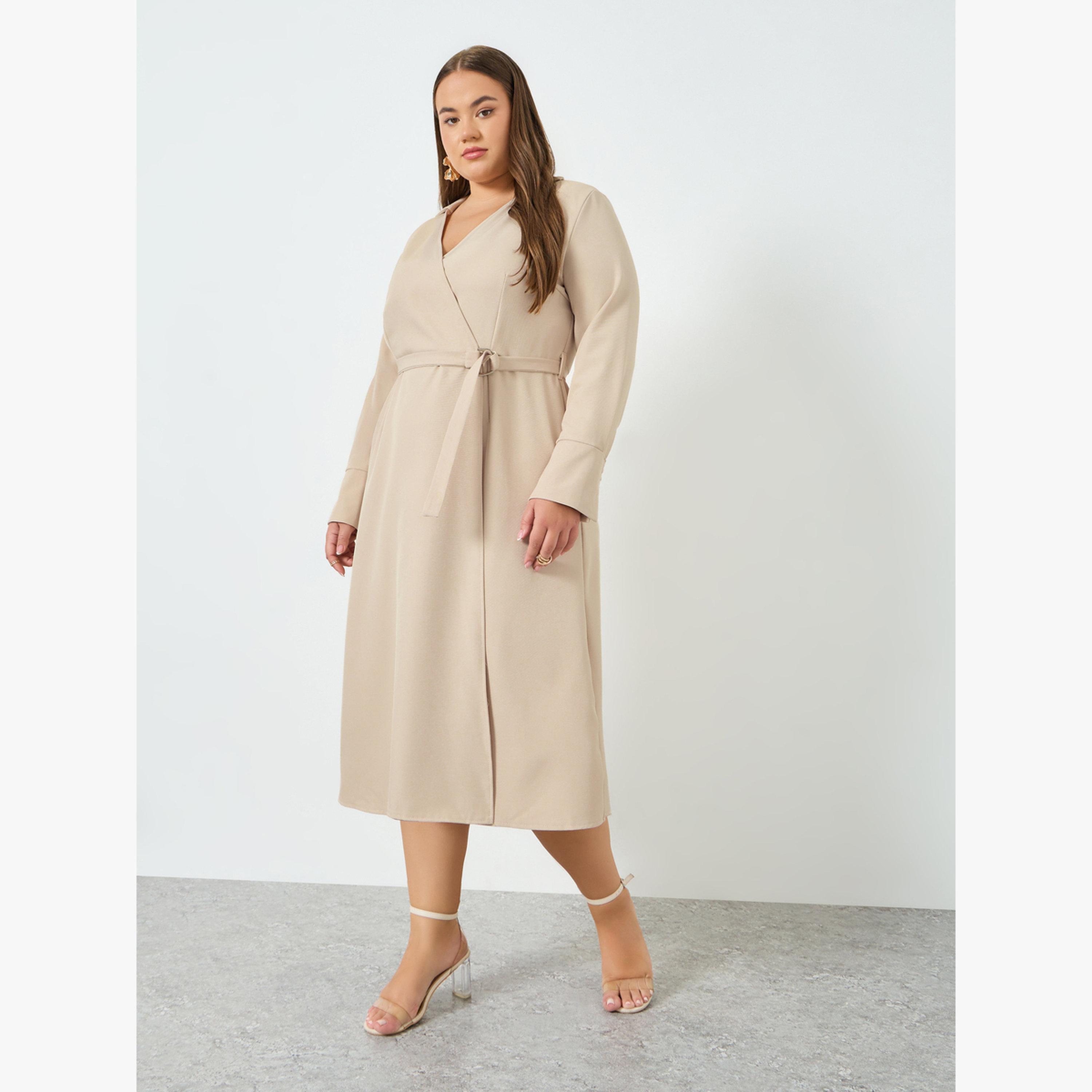Styli Plus Size Beige Long Sleeves Wrap Midi Dress-women-clothing-dresses-image-3