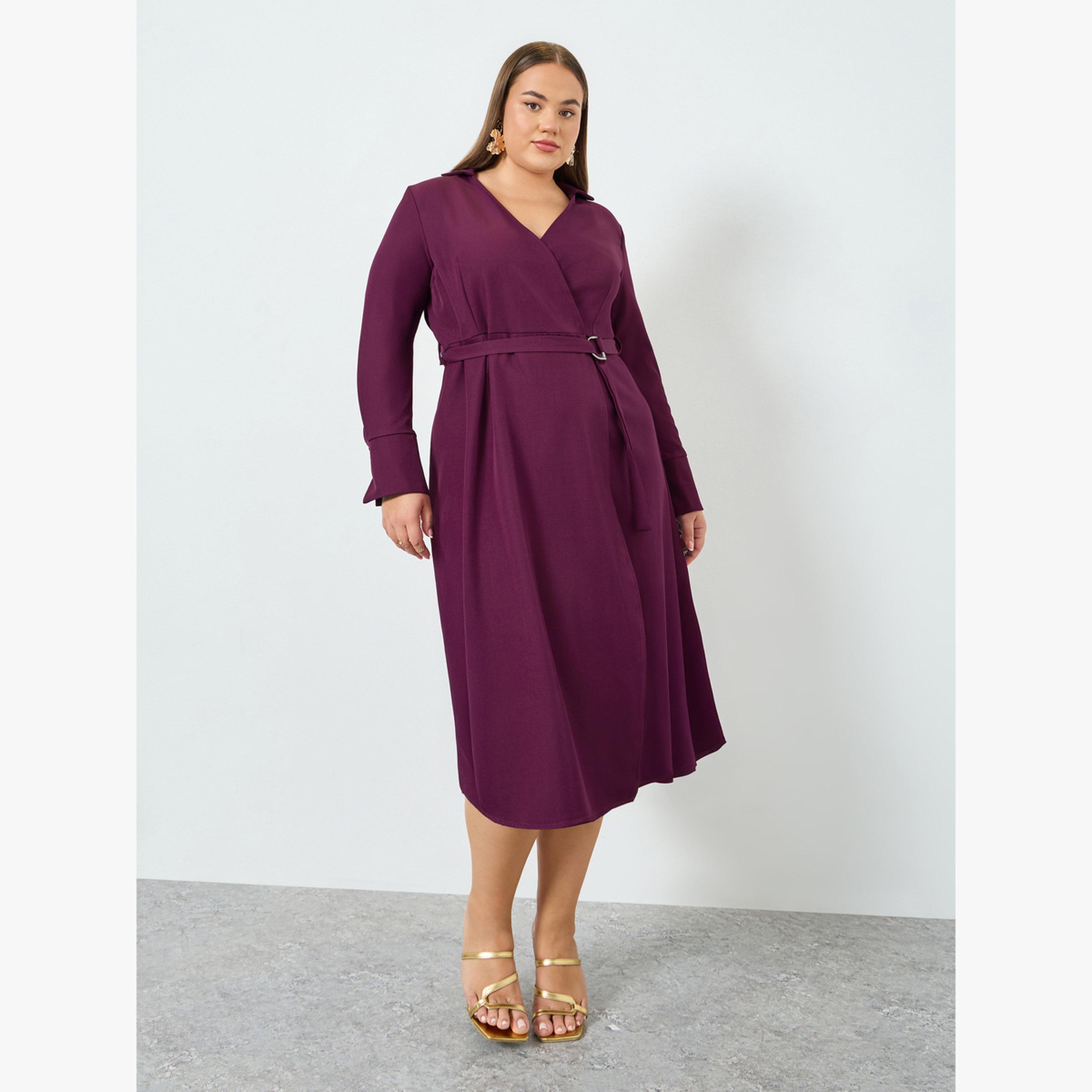Styli Plus Size Purple Long Sleeves Wrap Midi Dress-women-clothing-dresses-image-1