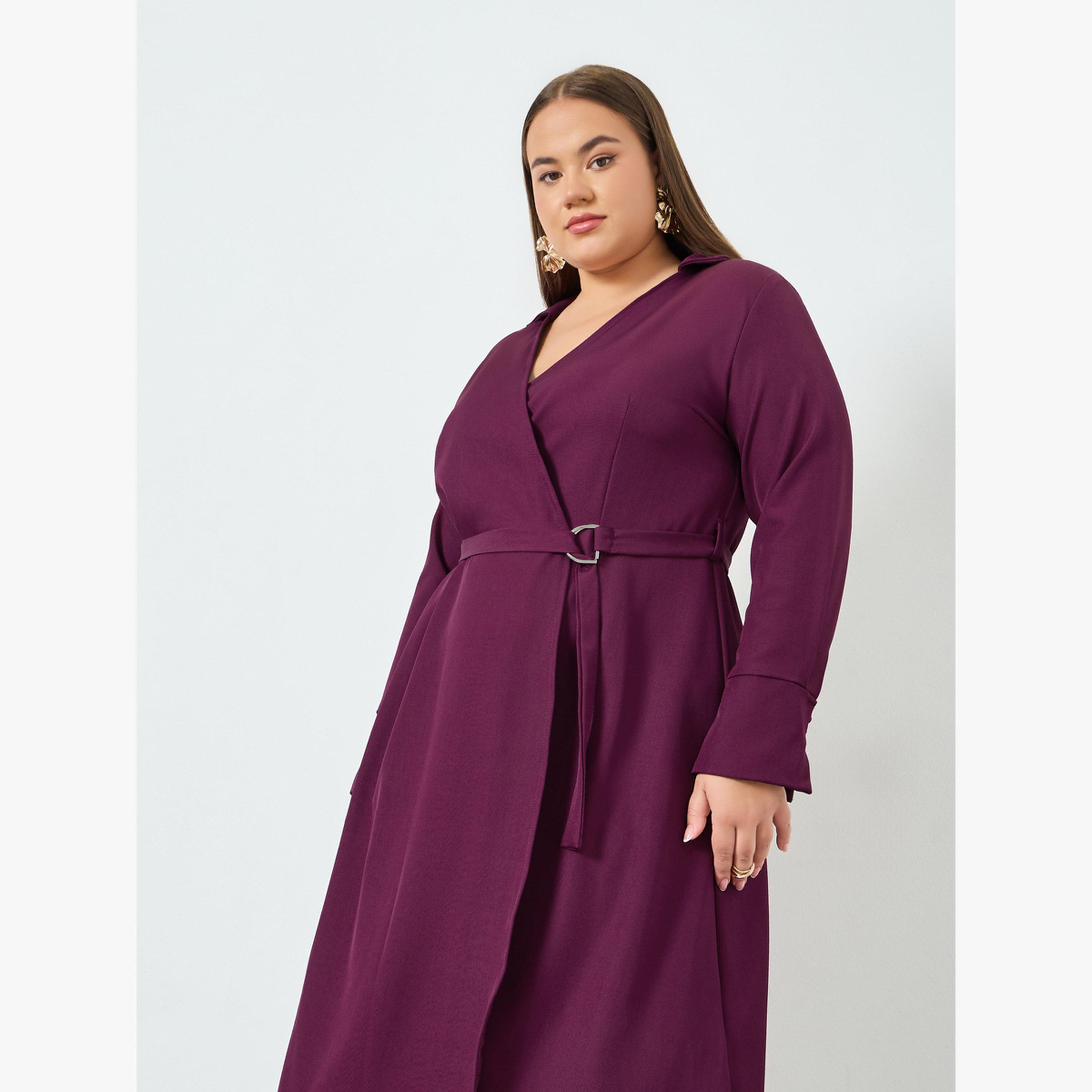 فستان ميدي مقاس كبير بنمط لف وأكمام طويلة-women-clothing-dresses-image-2
