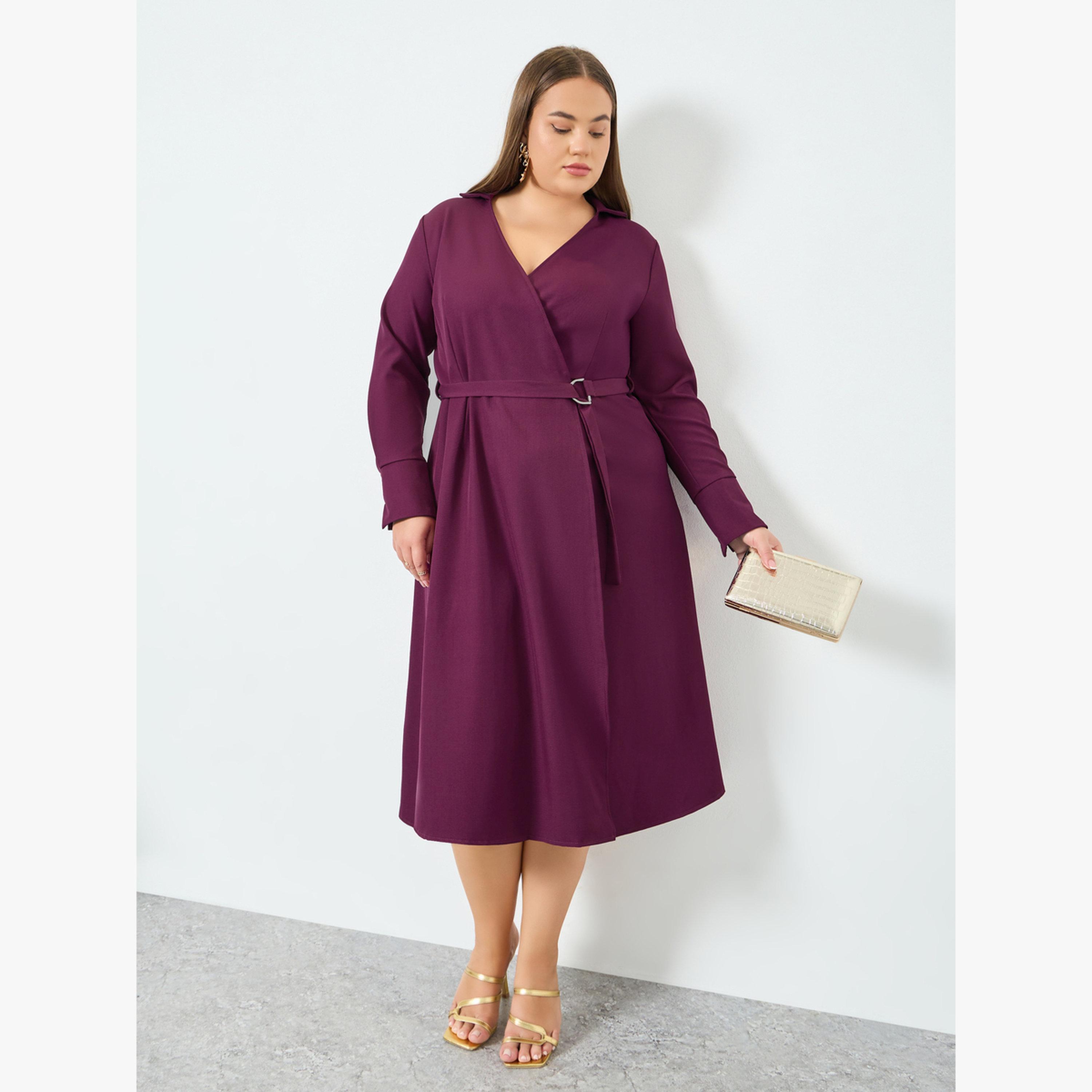 فستان ميدي مقاس كبير بنمط لف وأكمام طويلة-women-clothing-dresses-image-3