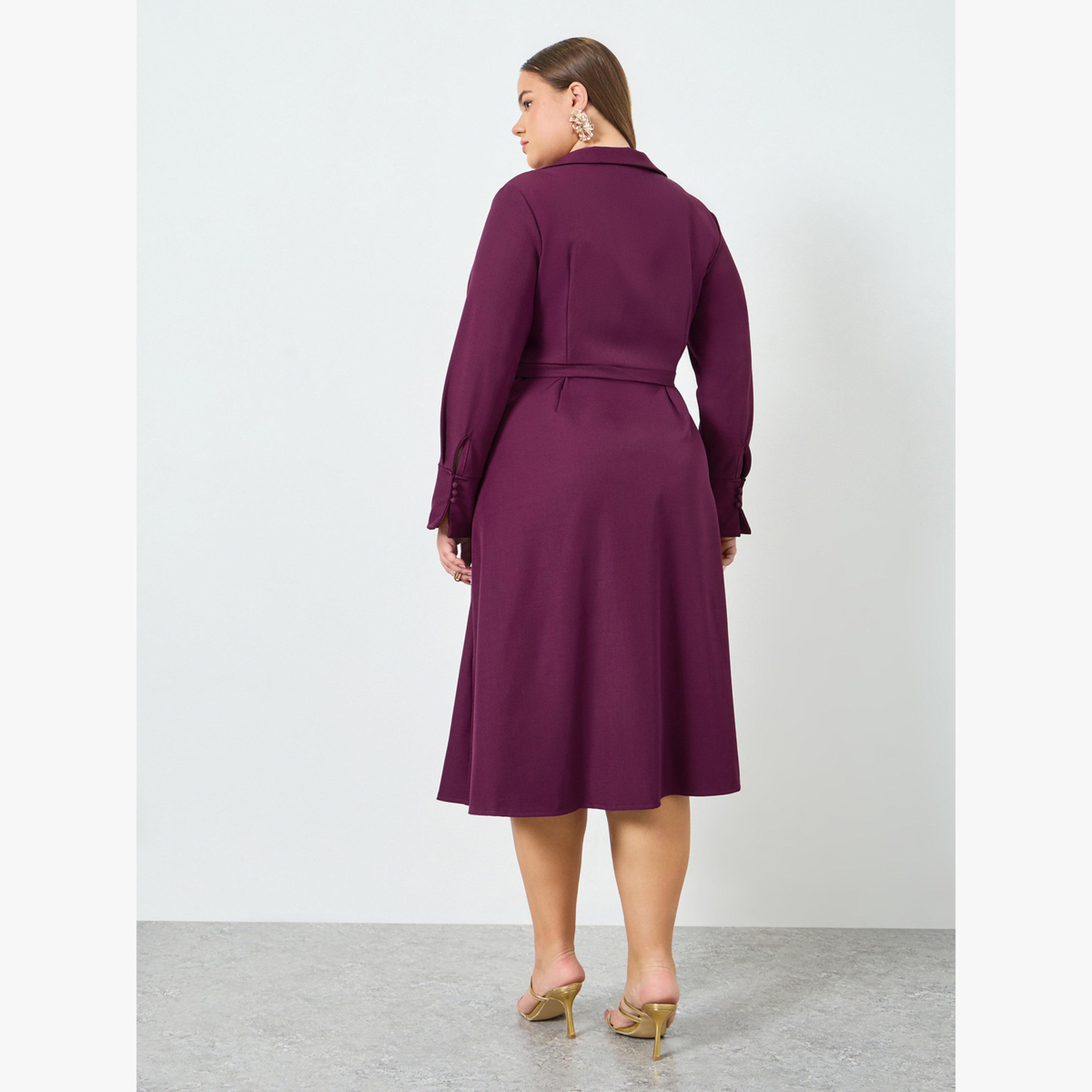 فستان ميدي مقاس كبير بنمط لف وأكمام طويلة-women-clothing-dresses-image-4