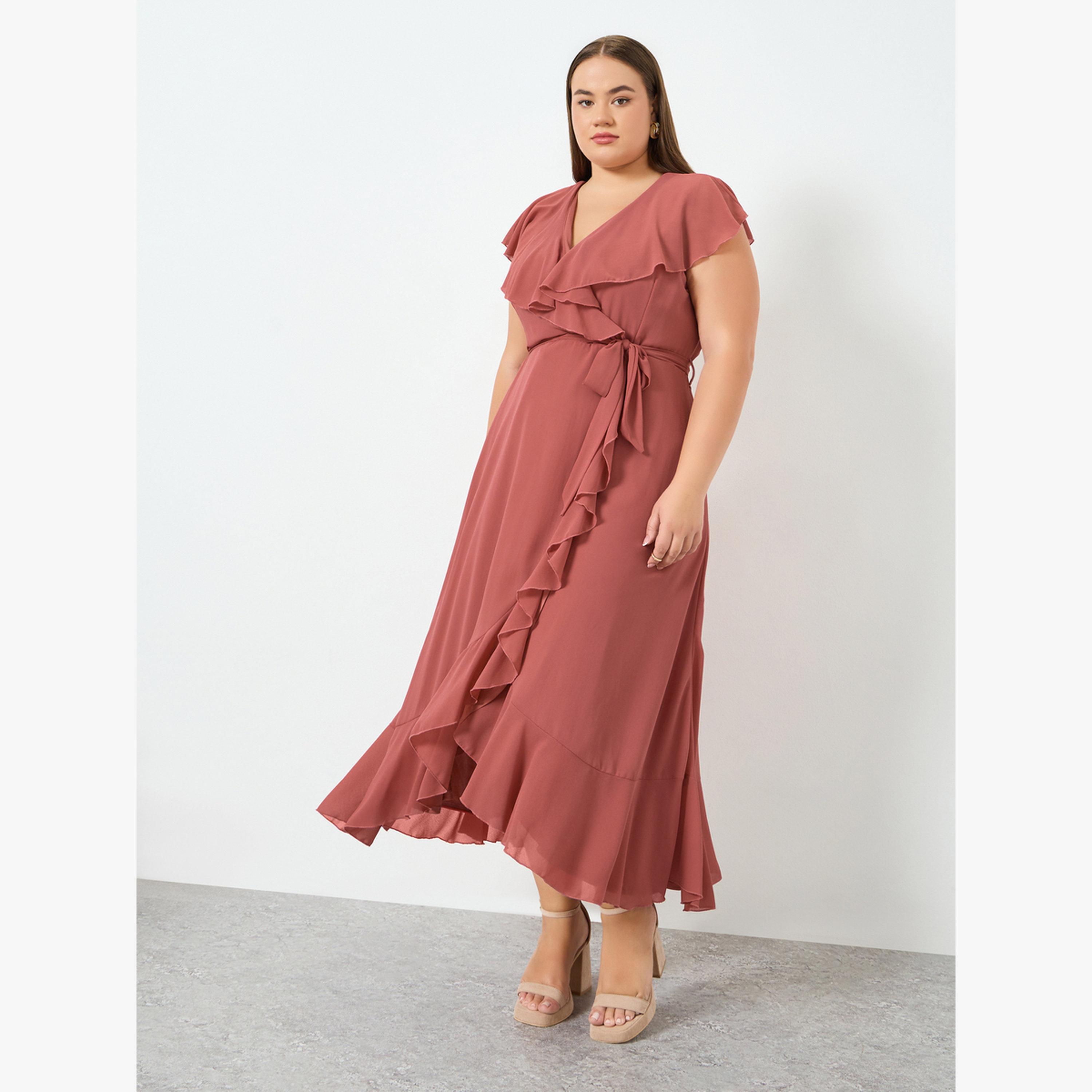 فستان طويل مقاس كبير بتفاصيل مكشكشة-women-clothing-dresses-image-1