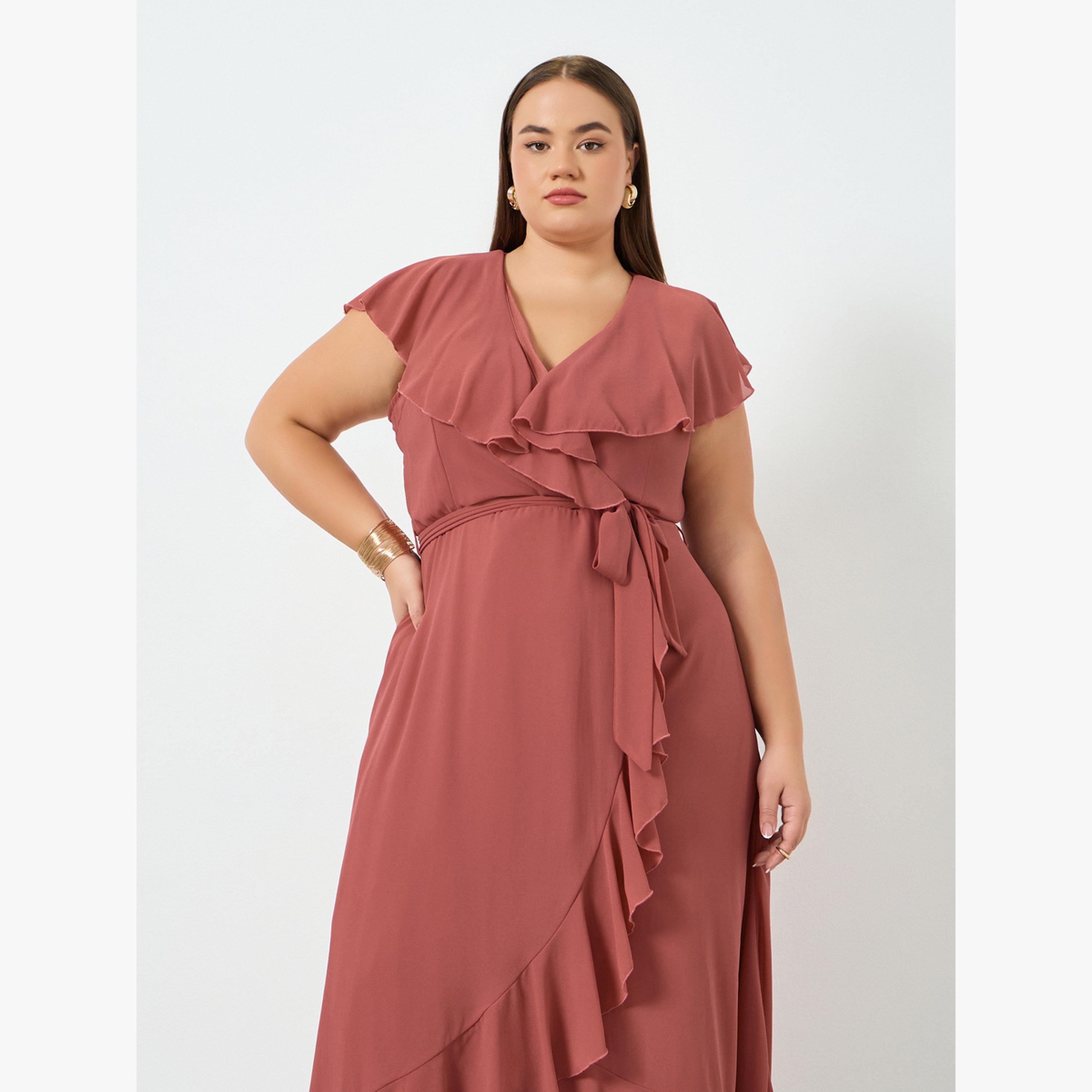 فستان طويل مقاس كبير بتفاصيل مكشكشة-women-clothing-dresses-image-2