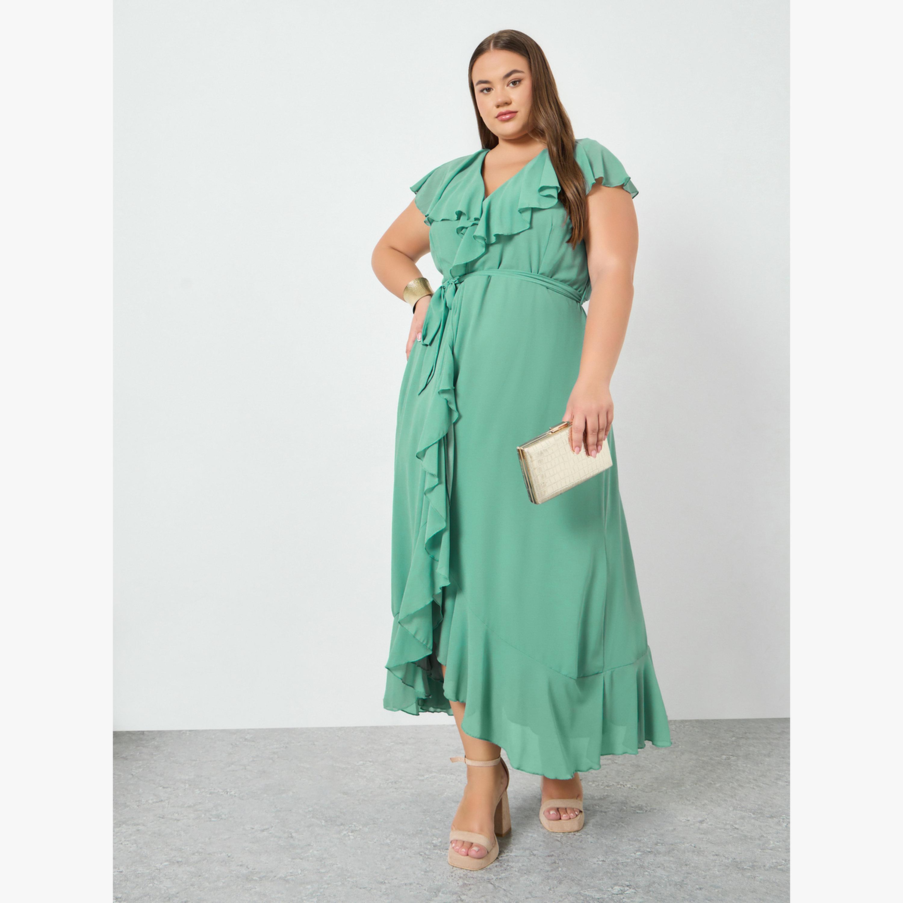 فستان طويل مقاس كبير بتفاصيل مكشكشة-women-clothing-dresses-image-1