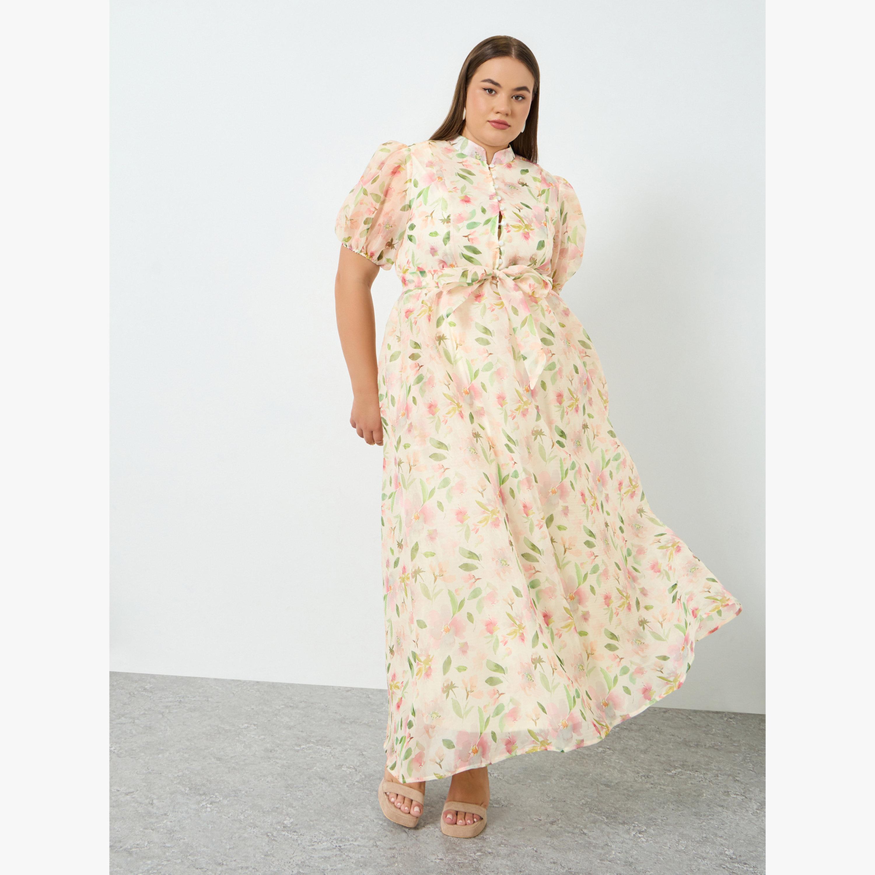 فستان طويل مقاس كبير بطبعة أزهار وأكمام منفوخة بحافة واسعة-women-clothing-dresses-image-1
