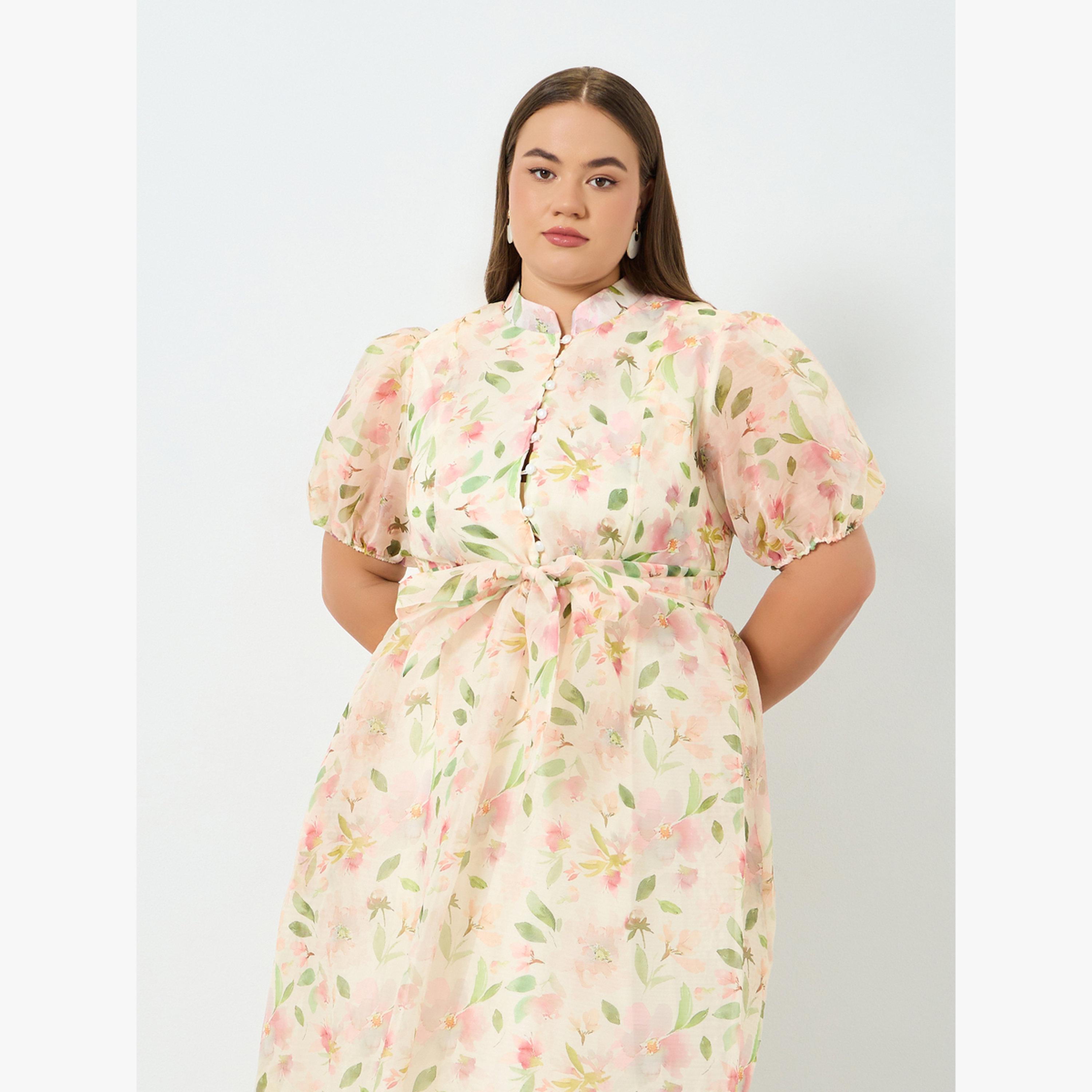 فستان طويل مقاس كبير بطبعة أزهار وأكمام منفوخة بحافة واسعة-women-clothing-dresses-image-2