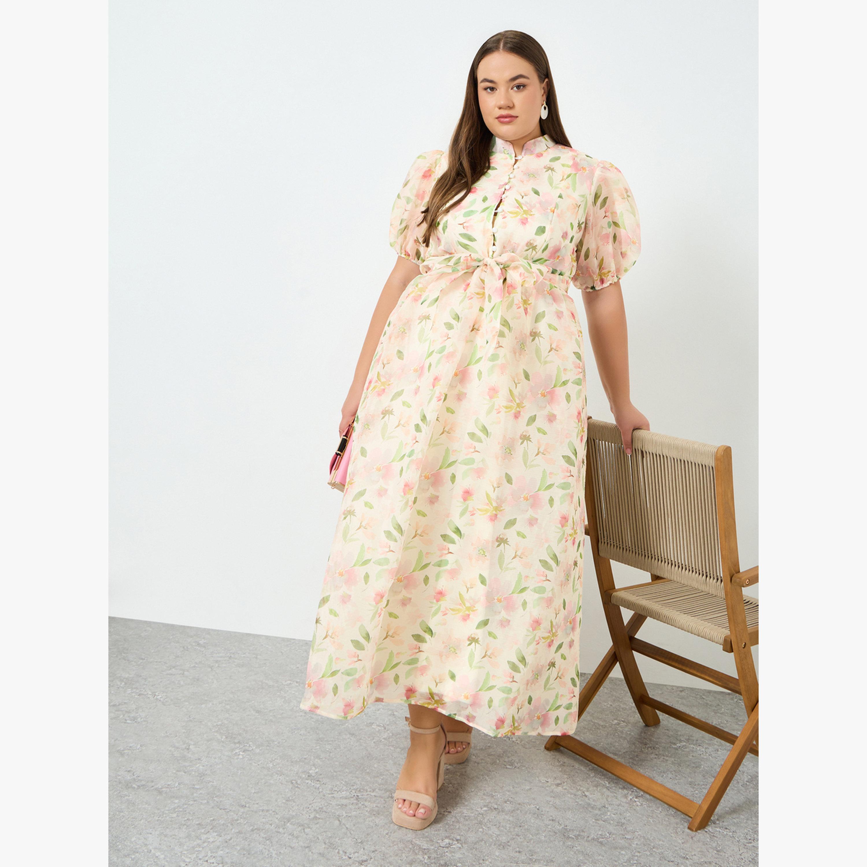 Styli Plus Size Floral Print Puff Sleeves A-Line Maxi Dress-women-clothing-dresses-image-3