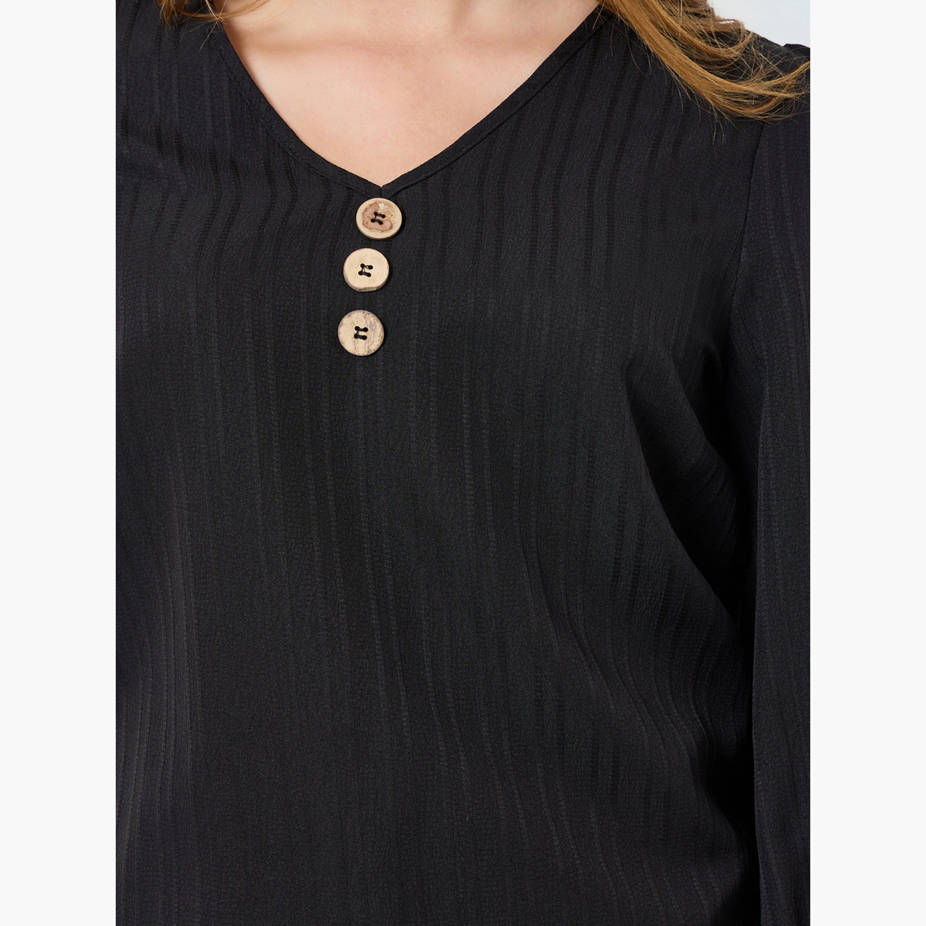 Take Two Women Texture Button Detail Long Sleeve Top-women-clothing-shirtsandblouses-blouses-image-4