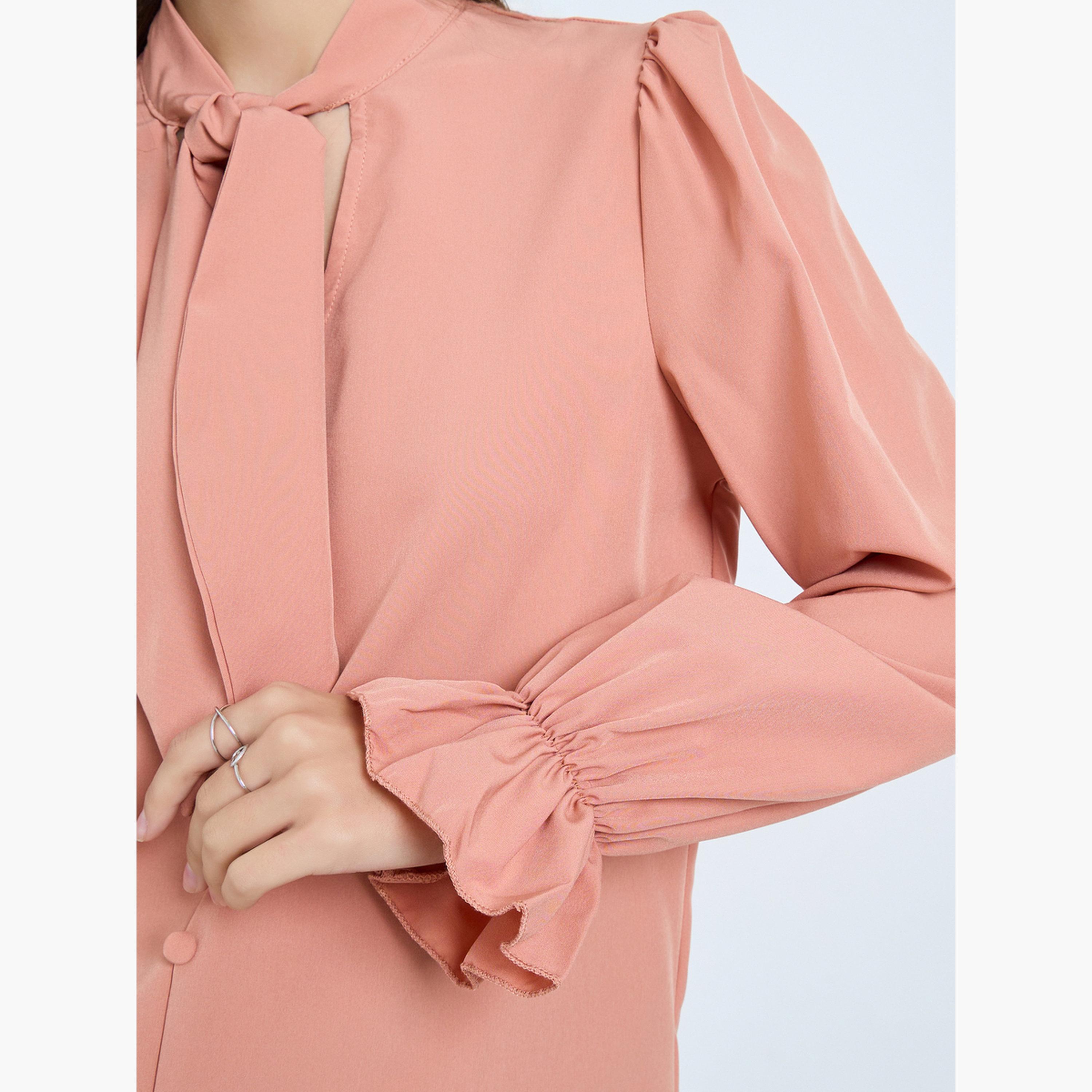 تيك تو - بلوزة نسائية بأكمام طويلة ورقبة مربوطة لون نود-women-clothing-shirtsandblouses-blouses-image-5