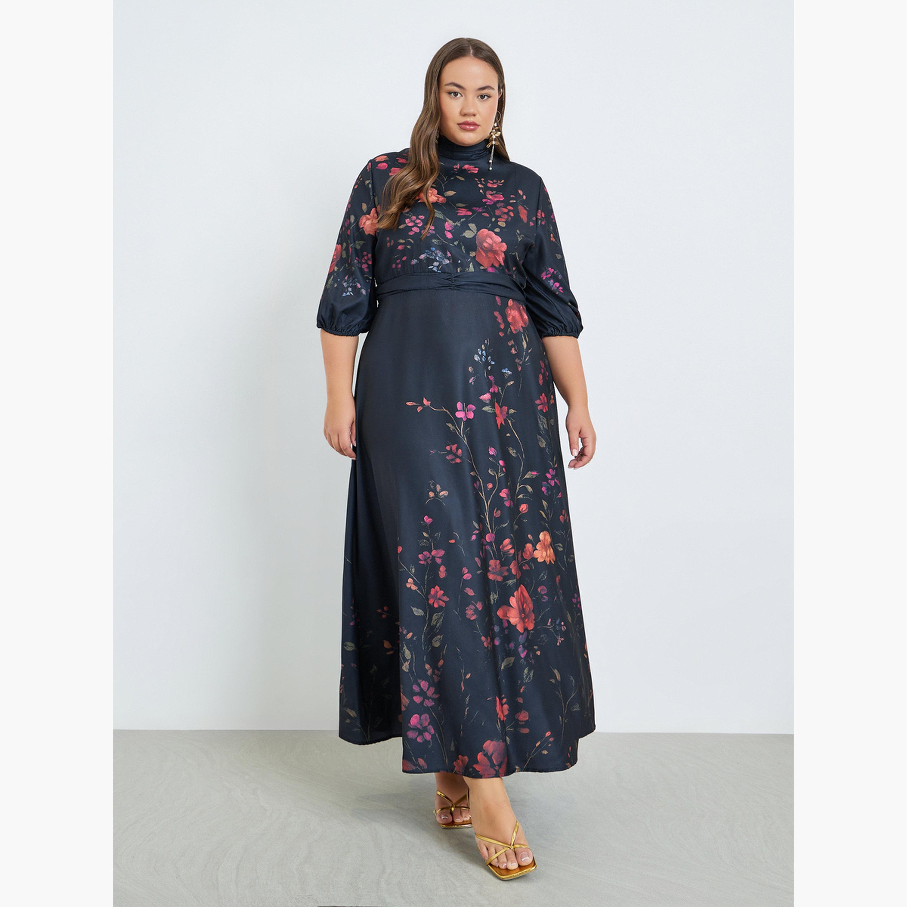 Styli Plus Size Floral Print Belted A-Line Maxi Dress-women-clothing-dresses-image-1