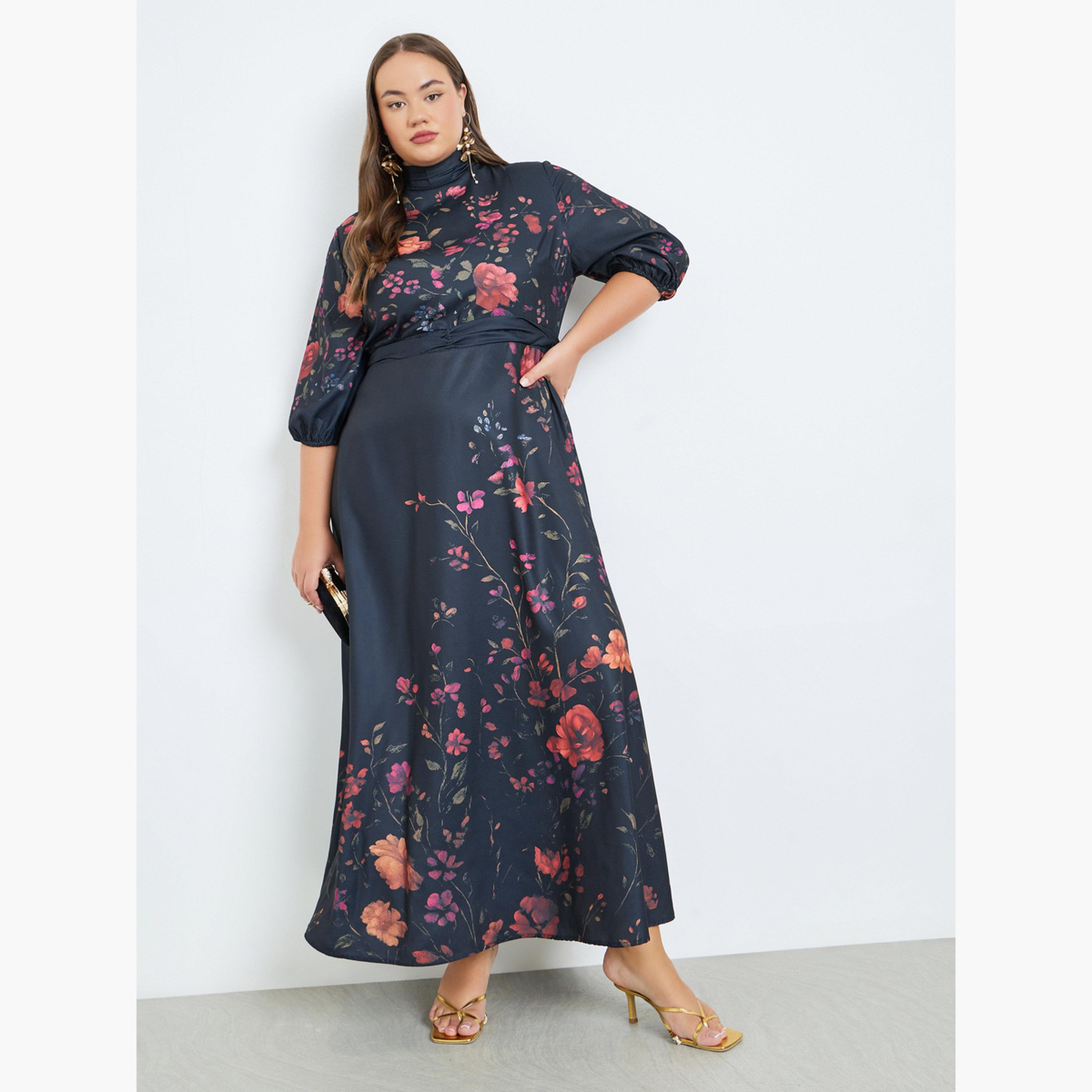 Styli Plus Size Floral Print Belted A-Line Maxi Dress-women-clothing-dresses-image-2