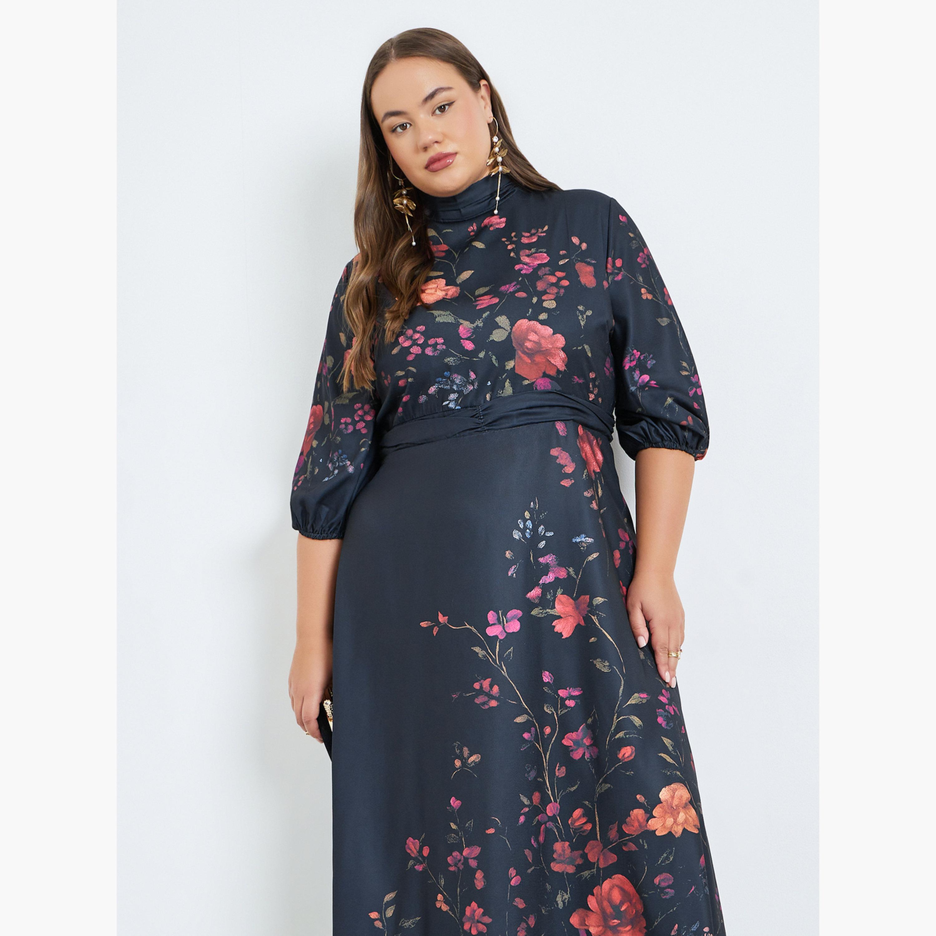 Styli Plus Size Floral Print Belted A-Line Maxi Dress-women-clothing-dresses-image-4