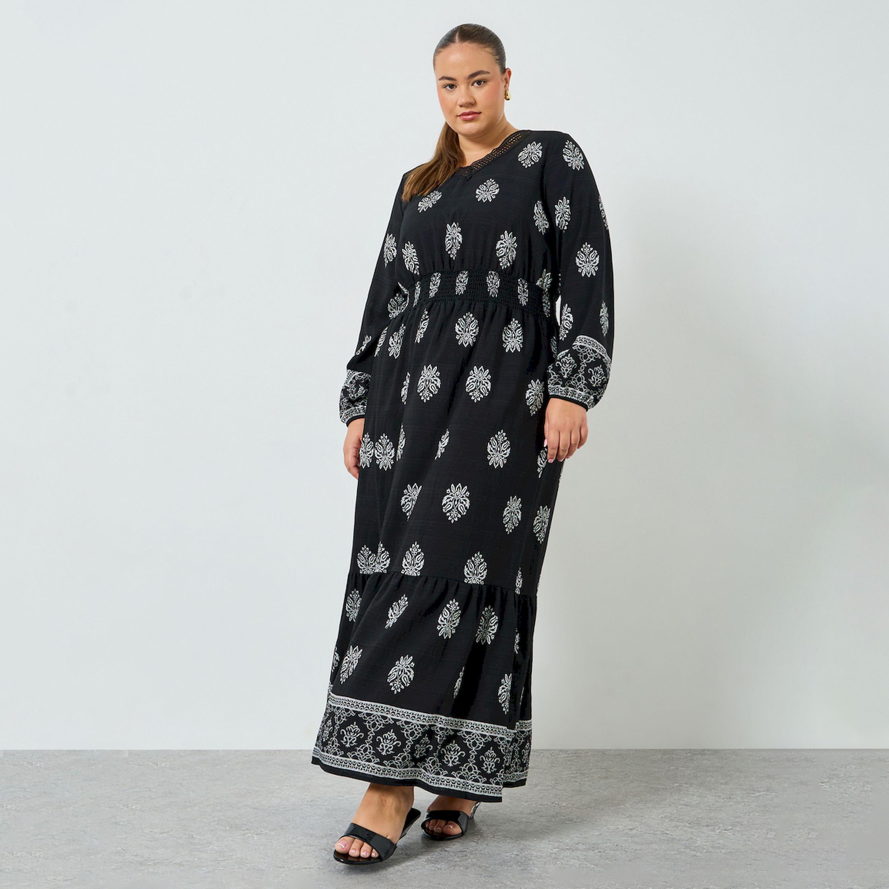 Styli Plus Size Black Printed A-Line Maxi Dress-women-clothing-dresses-image-1