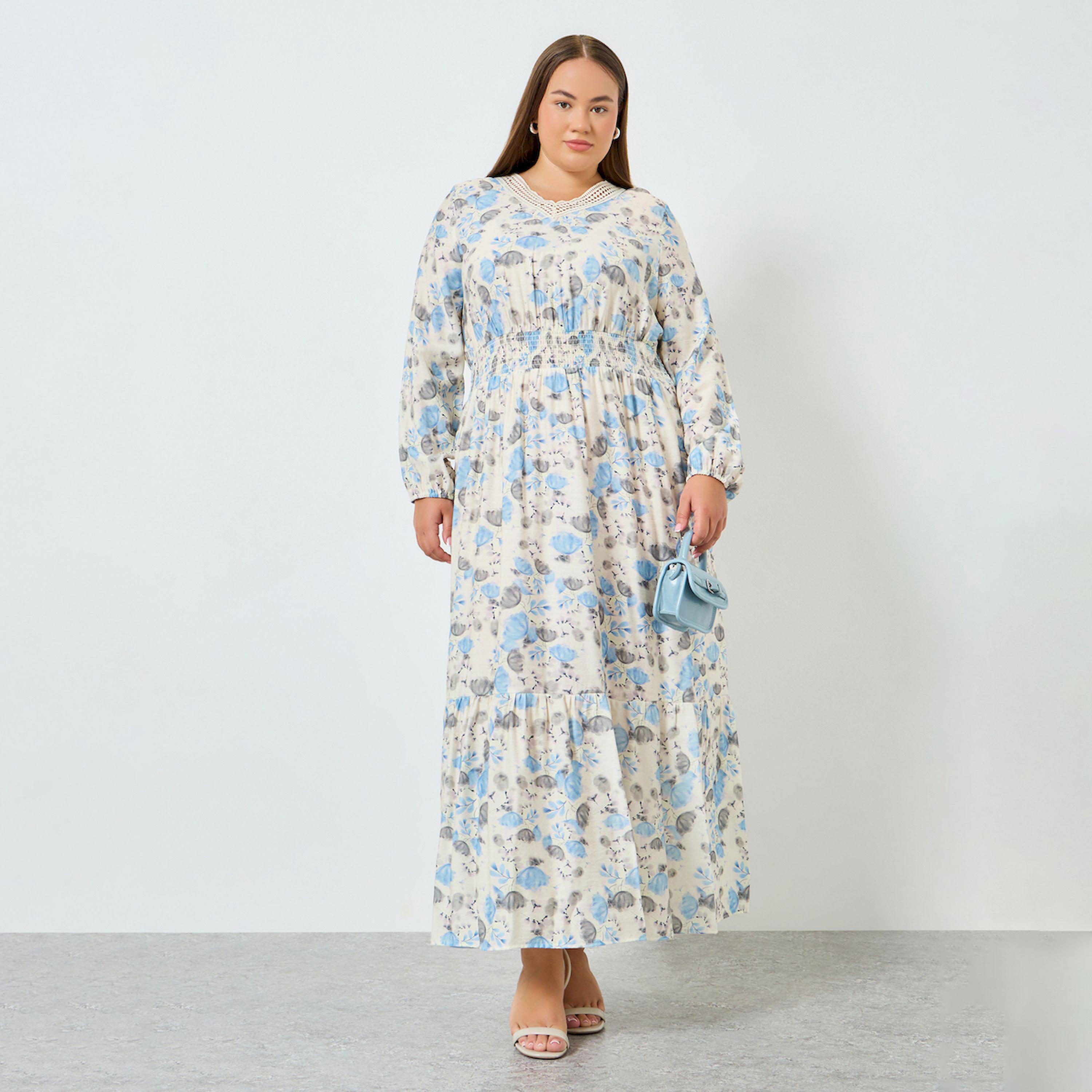فستان طويل مقاس كبير بنقشة الزهور وحافة واسعة-women-clothing-dresses-image-1