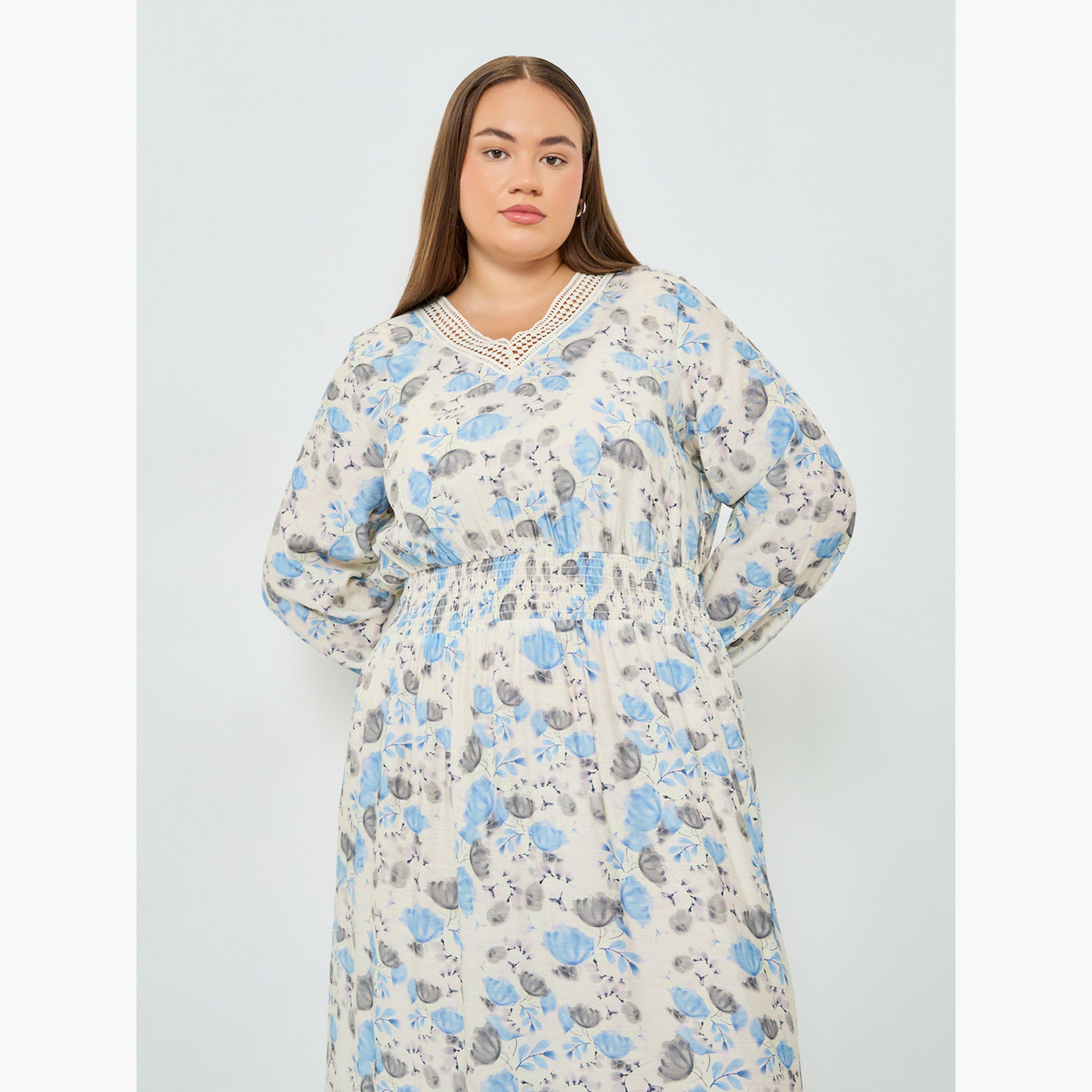 فستان طويل مقاس كبير بنقشة الزهور وحافة واسعة-women-clothing-dresses-image-2