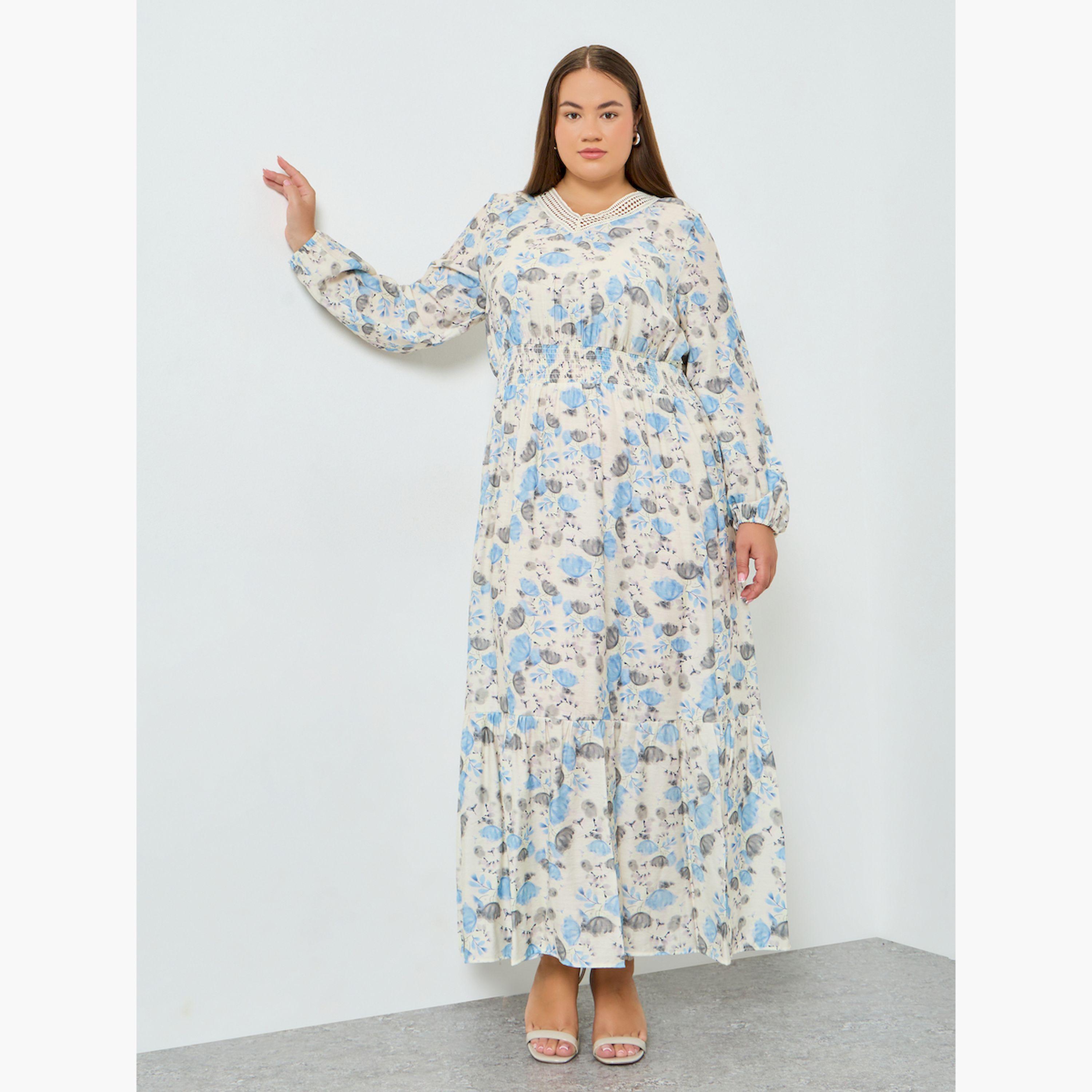 Styli Plus Size Floral Long Sleeves A-Line Maxi Dress-women-clothing-dresses-image-3