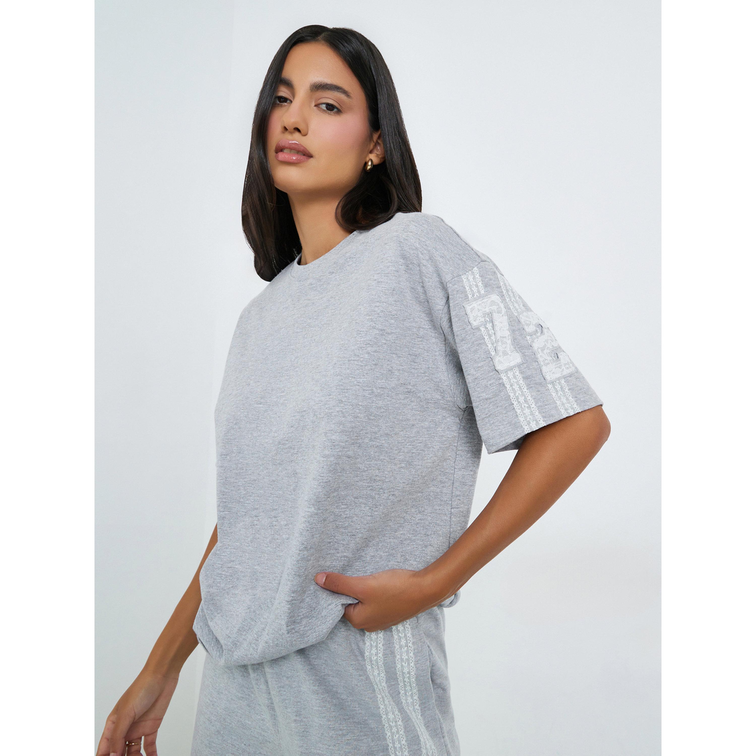 Styli Grey Oversized T-Shirt with Lace Number Detail-women-clothing-tshirts-image-1