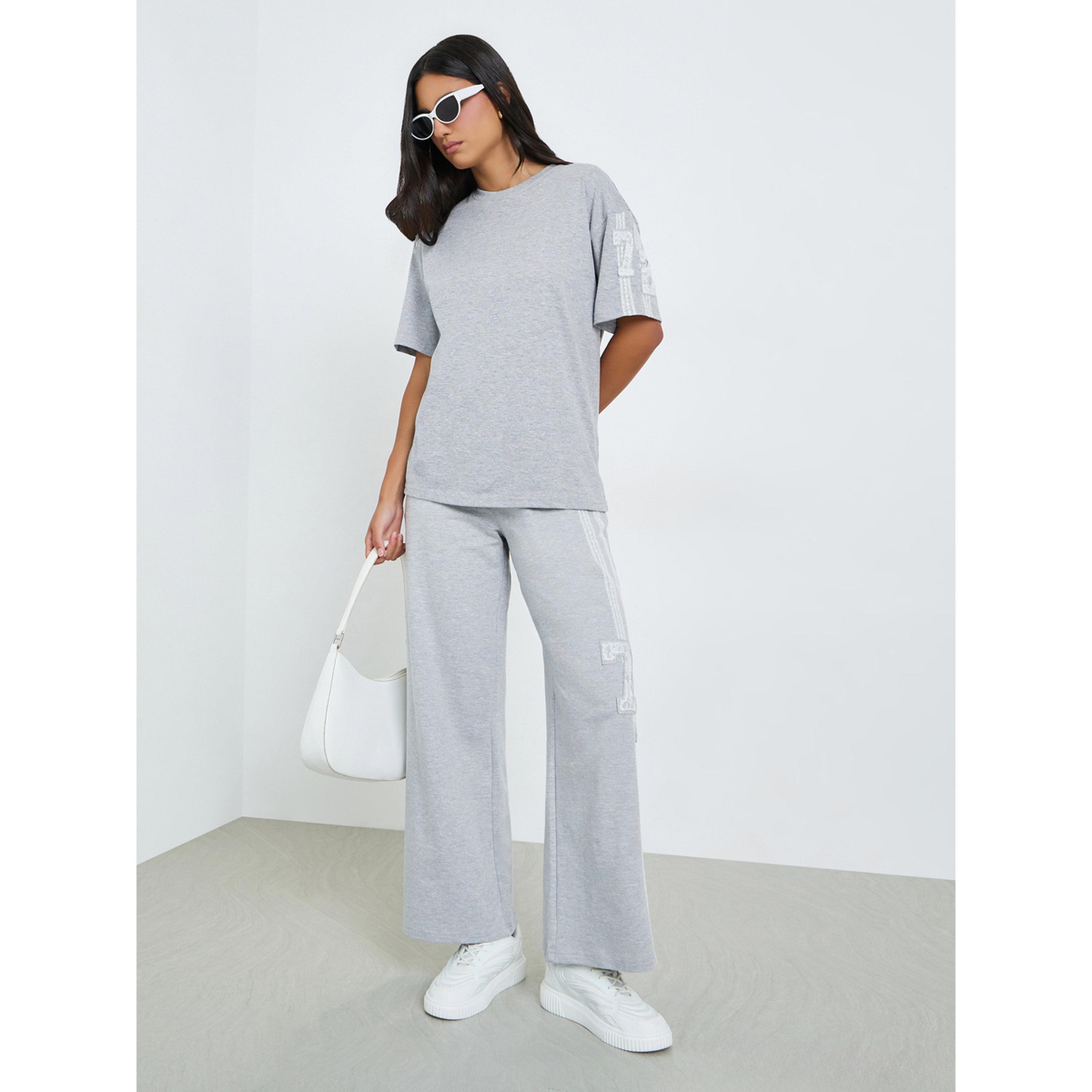Styli Grey Oversized T-Shirt with Lace Number Detail-women-clothing-tshirts-image-2