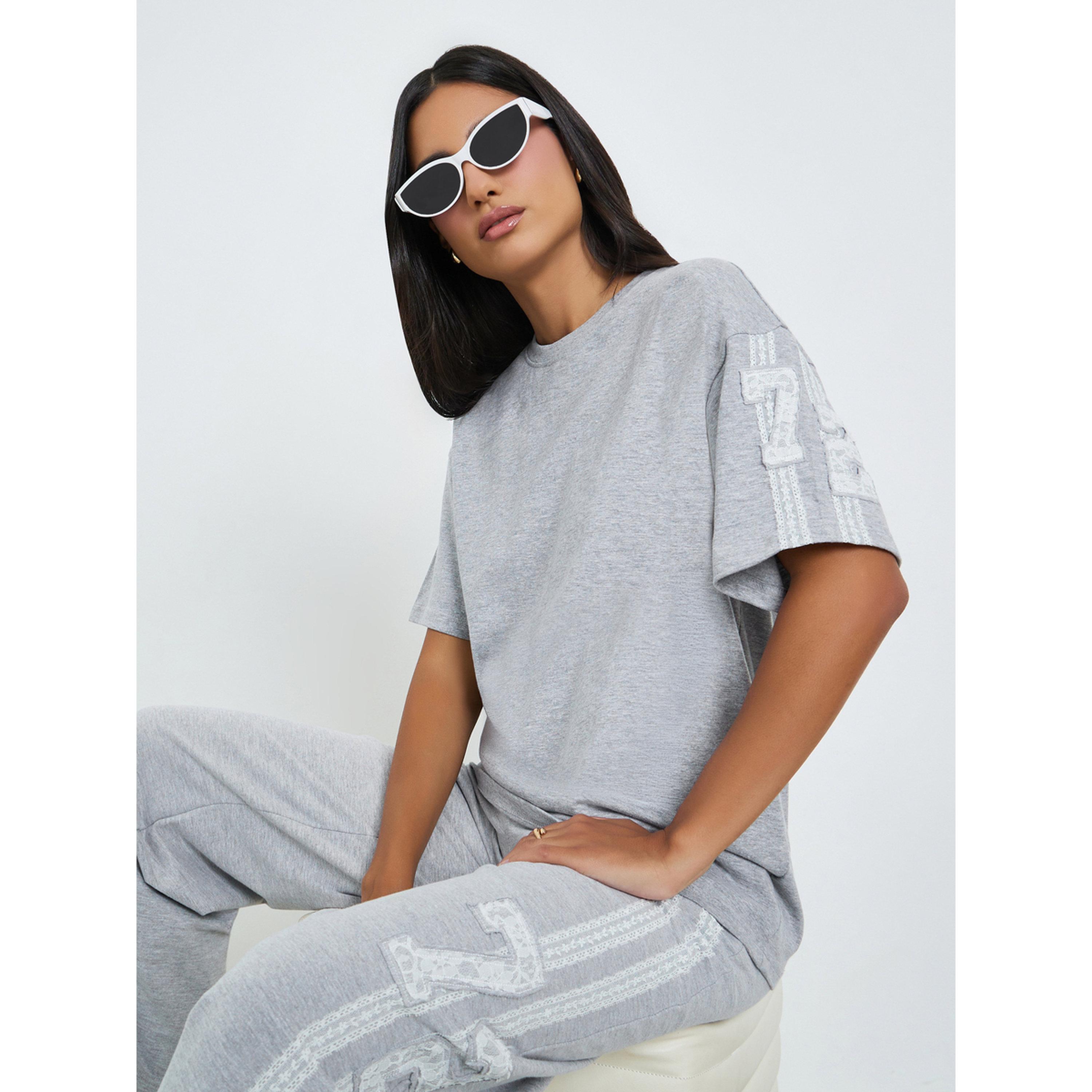 Styli Grey Oversized T-Shirt with Lace Number Detail-women-clothing-tshirts-image-4