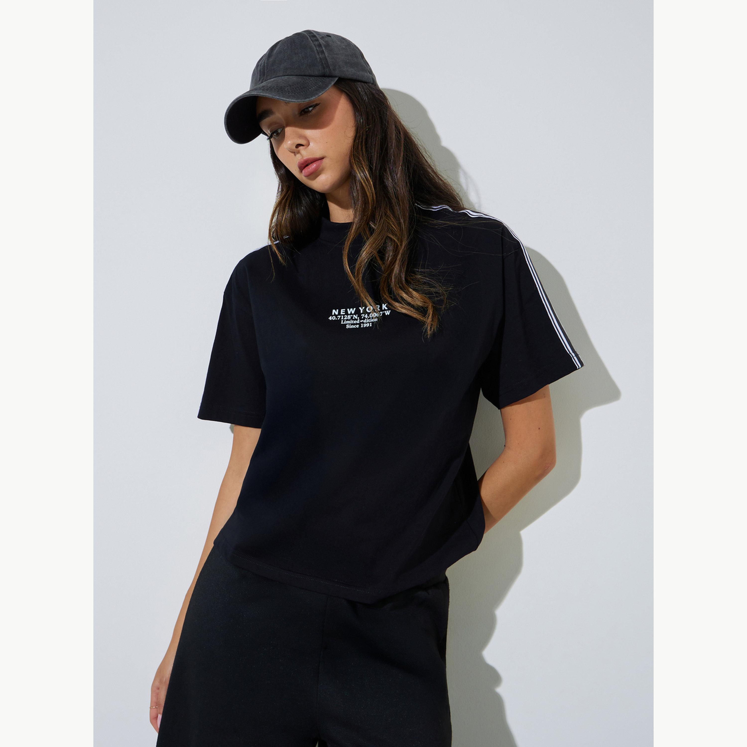 Styli Black Taping Detail Cotton Oversized T-Shirt-women-clothing-tshirts-image-1
