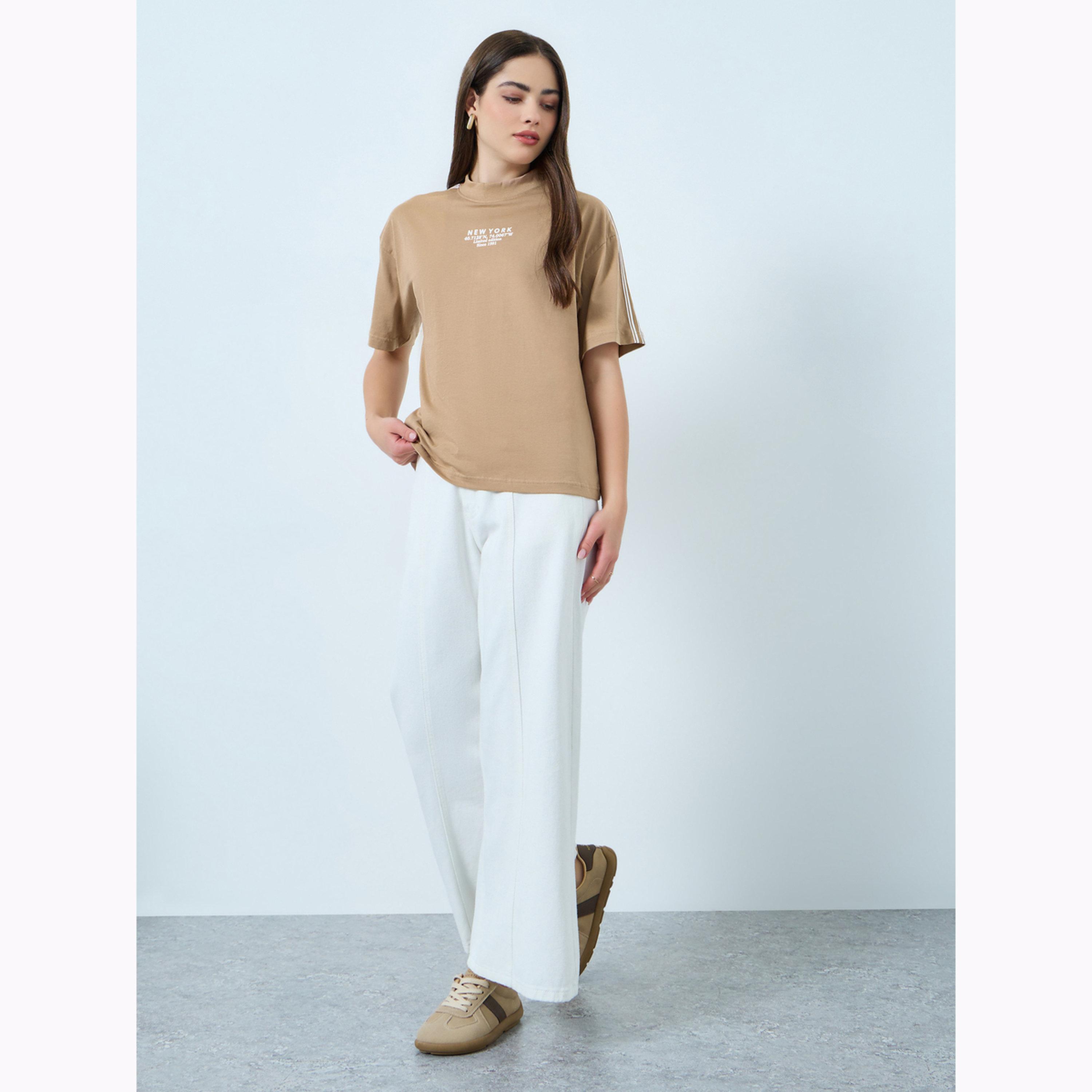 Styli Brown Taping Detail Cotton Oversized T-Shirt-women-clothing-tshirts-image-2