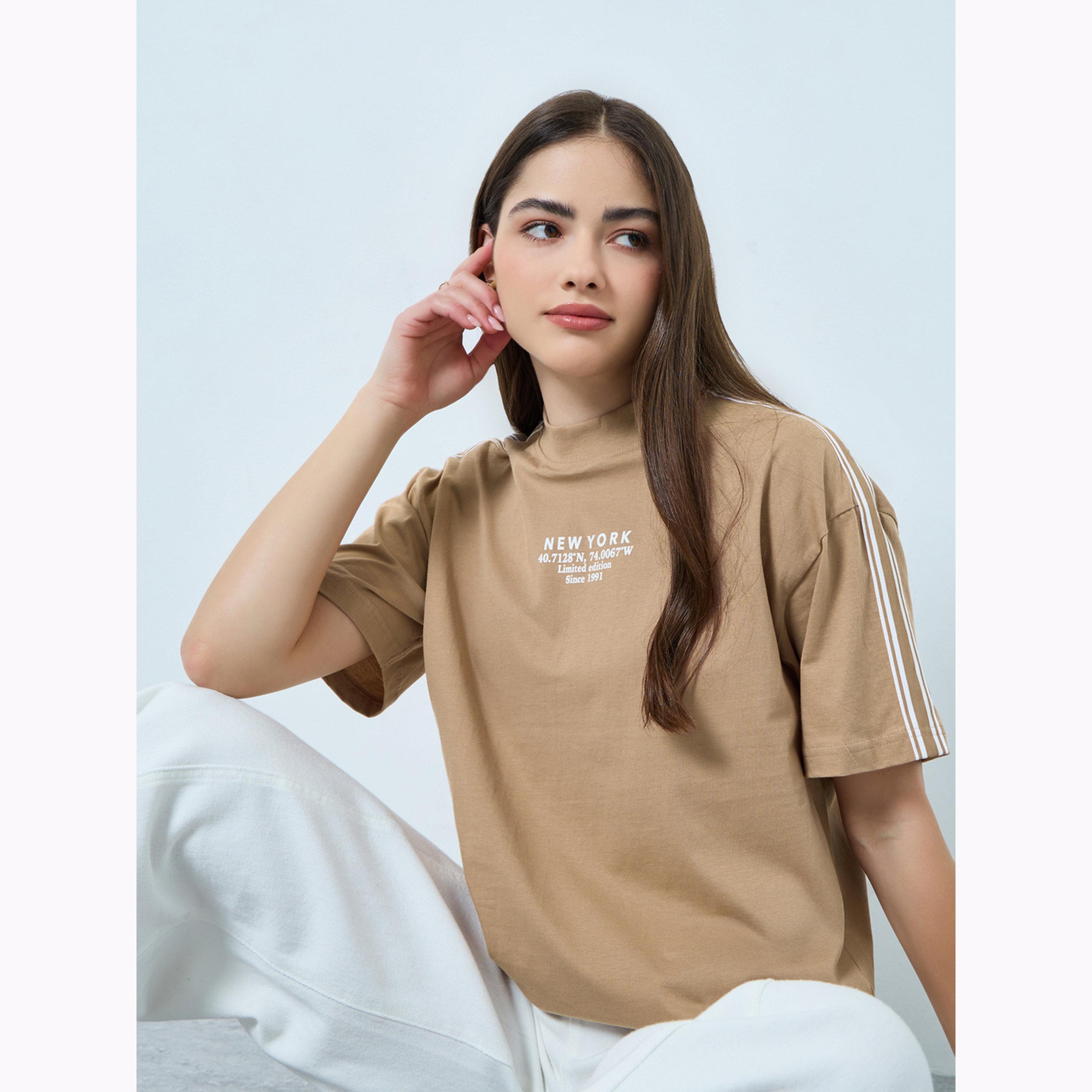 Styli Brown Taping Detail Cotton Oversized T-Shirt-women-clothing-tshirts-image-3