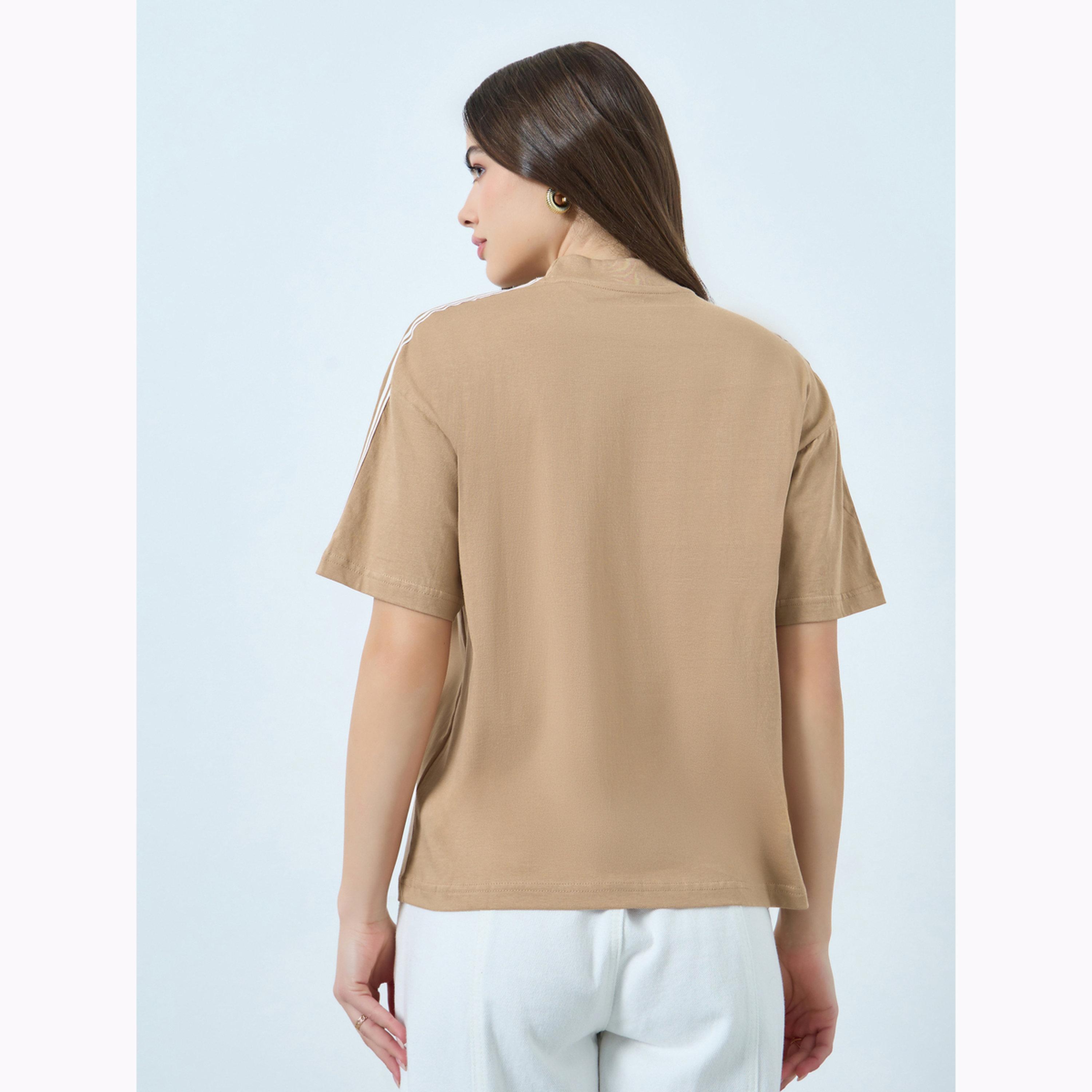 Styli Brown Taping Detail Cotton Oversized T-Shirt-women-clothing-tshirts-image-4